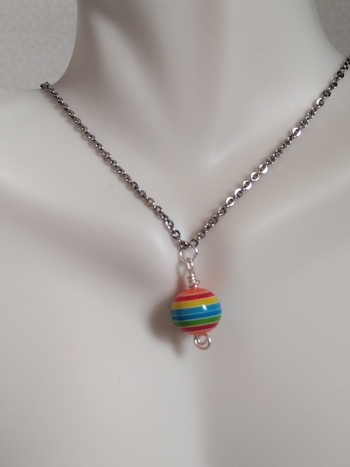 Rainbow Stripe Resin Bead Pendant Necklace Handmade Stainless Steel Chain