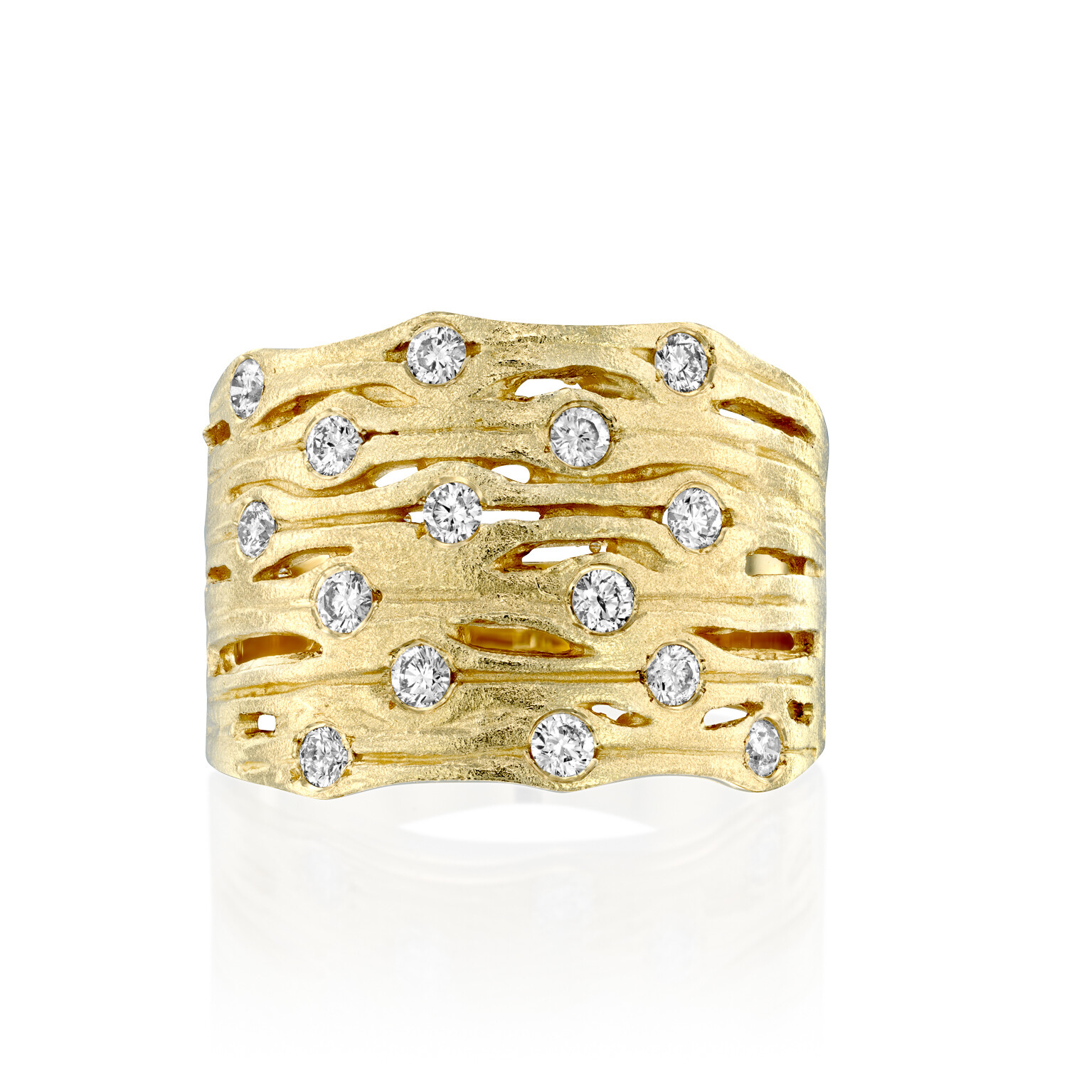 Dainty 14k Yellow Gold Artisan Statement Multi Row Design H/SI Diamond Wide Ring