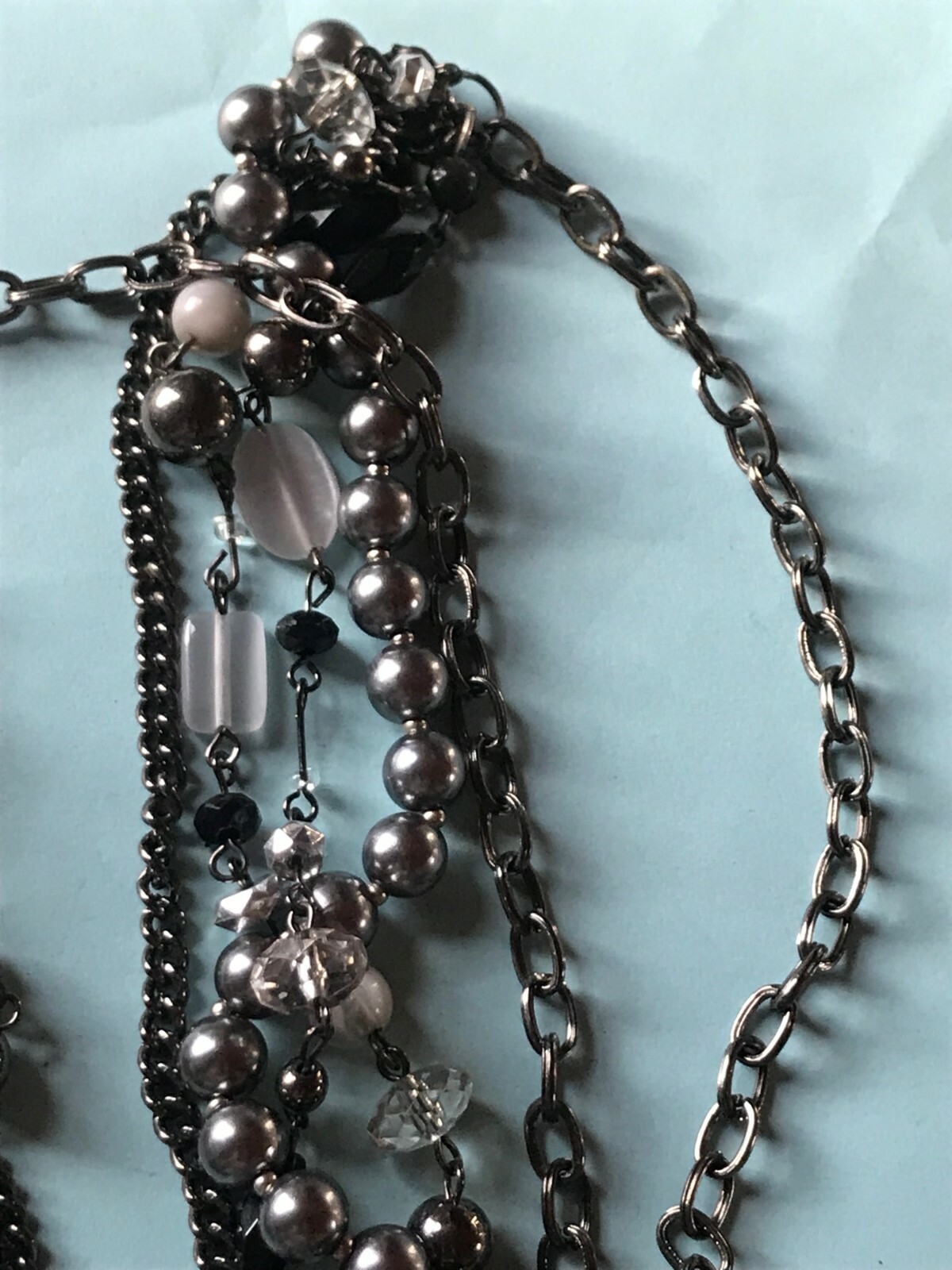 Long Oxidized Silvertone Chain w Multistrand Gray White & Black Beads Necklace