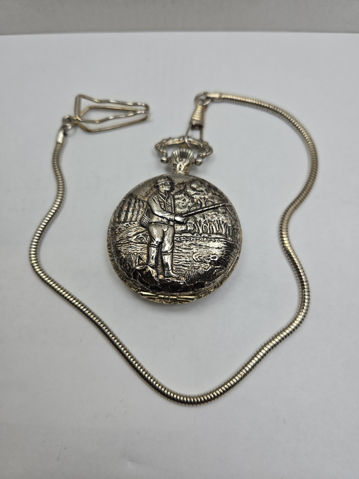 Vintage Cariole Mechanical Wind Pocket Watch Fishing Angler Hunter Case Runs