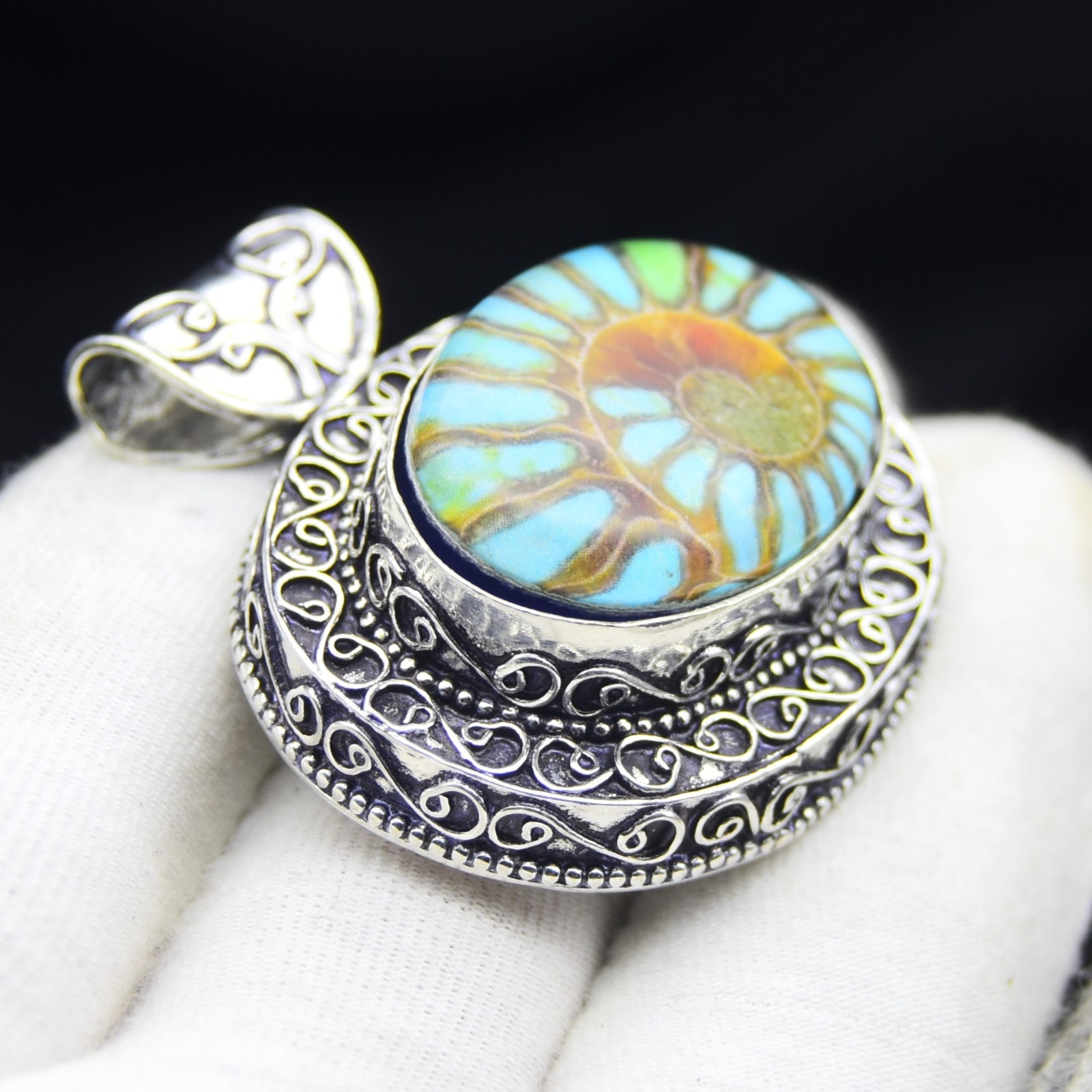 Ammonite Fossil Gemstone Pendant Handmade 925 Sterling Silver Jewelry 1.75″