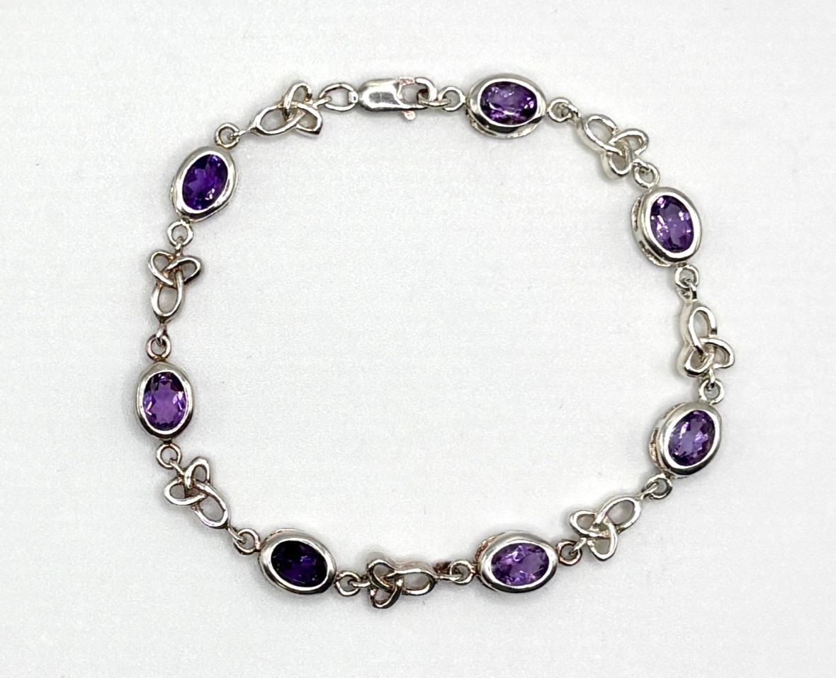 Vintage Marked Amethyst 925 Sterling Silver Celtic Knot Tennis Link 7.5 Bracelet