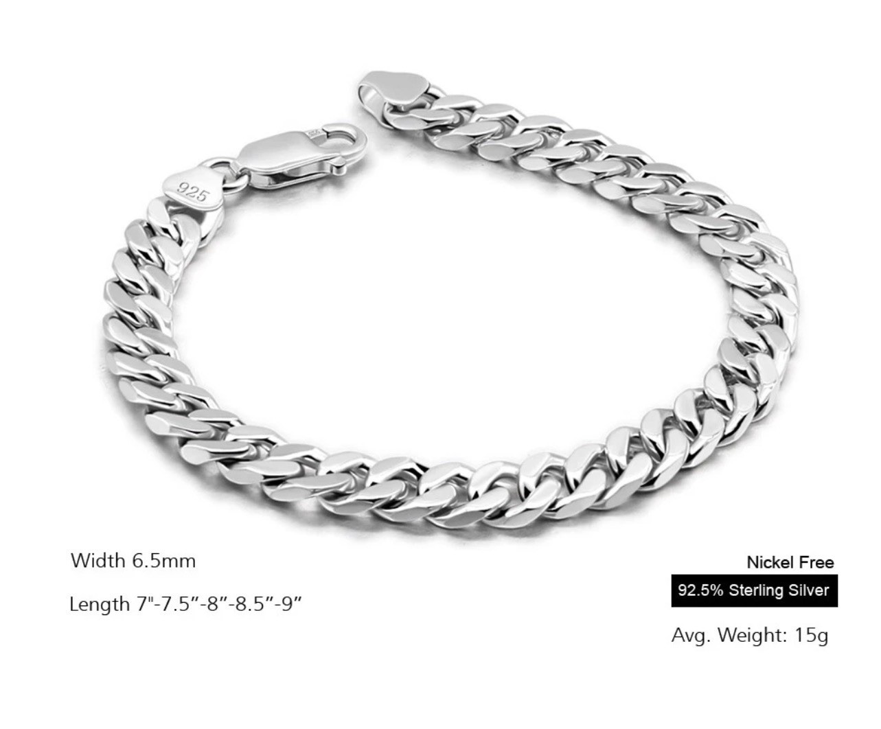Silver 925 Cuban Link Chain Bracelet Nickel-Free Lobster Closure 7-9in