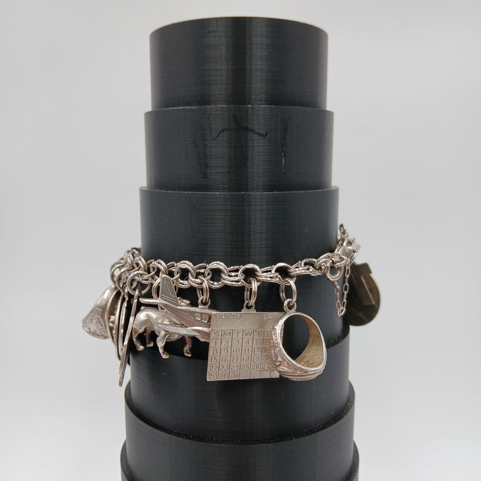 VTG 60s Charm Bracelet 8in Sterling Silver 70g JANE School Travel Faith South US
