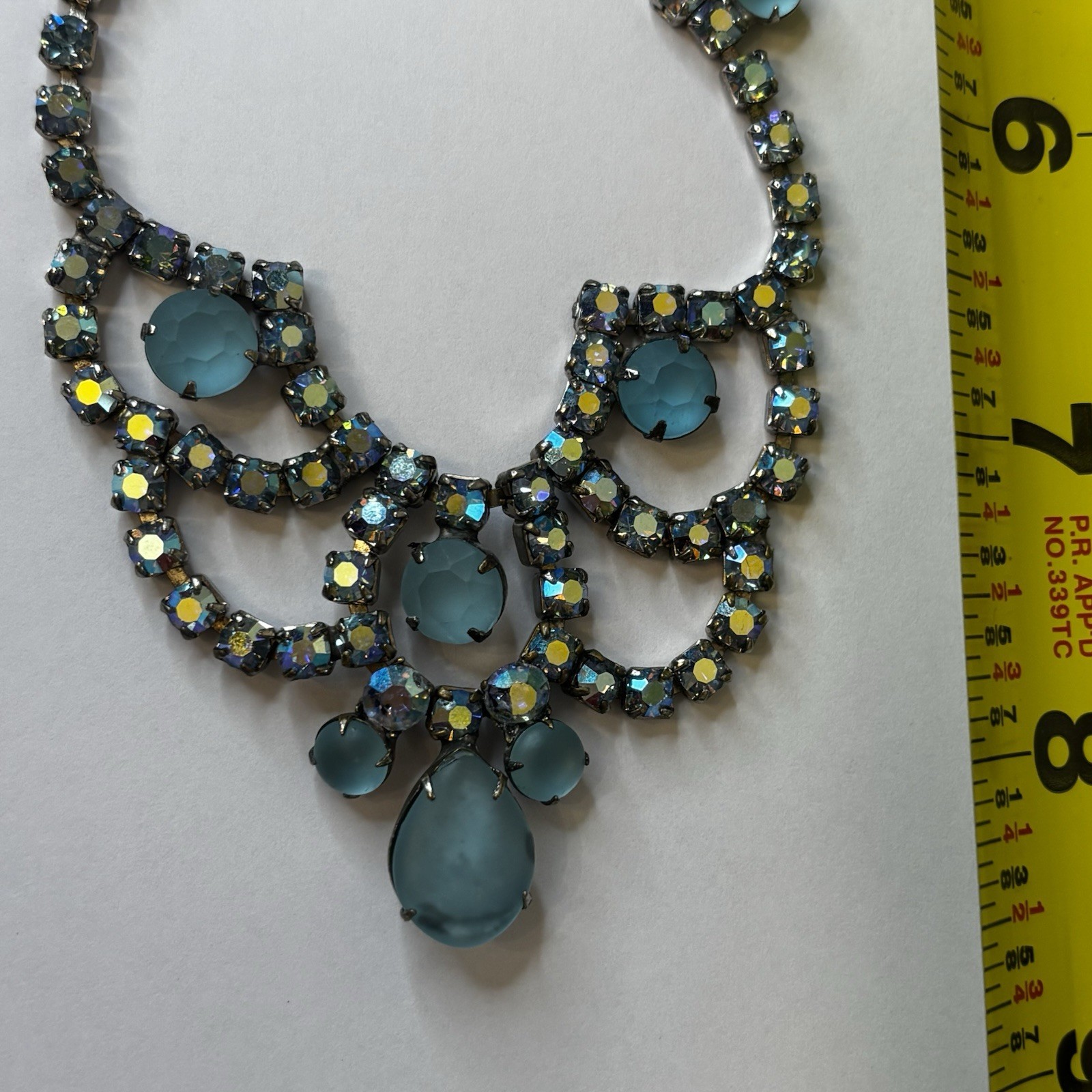 Vintage Blue AB Rhinestone Statement Necklace Jewelry Silvertone