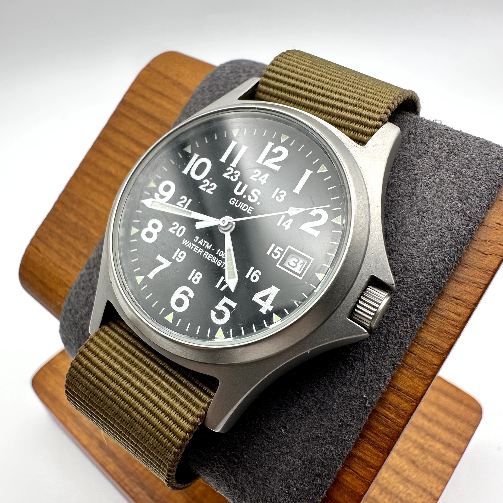 U.S. Guide Quartz Analog Watch Black Dial Olive Nylon Strap