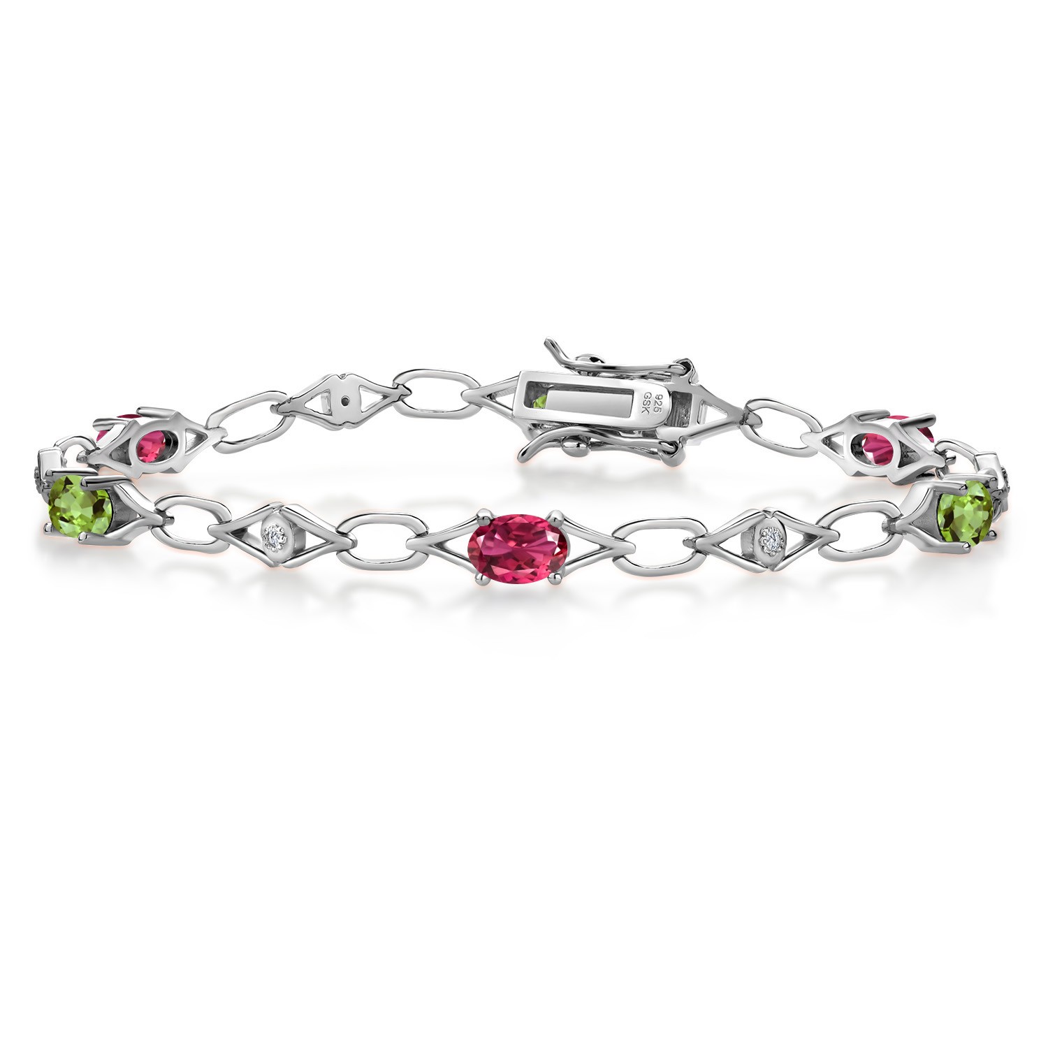 2.96 Ct Pink Tourmaline Peridot 925 Sterling Silver Lab Grown Diamond Bracelet