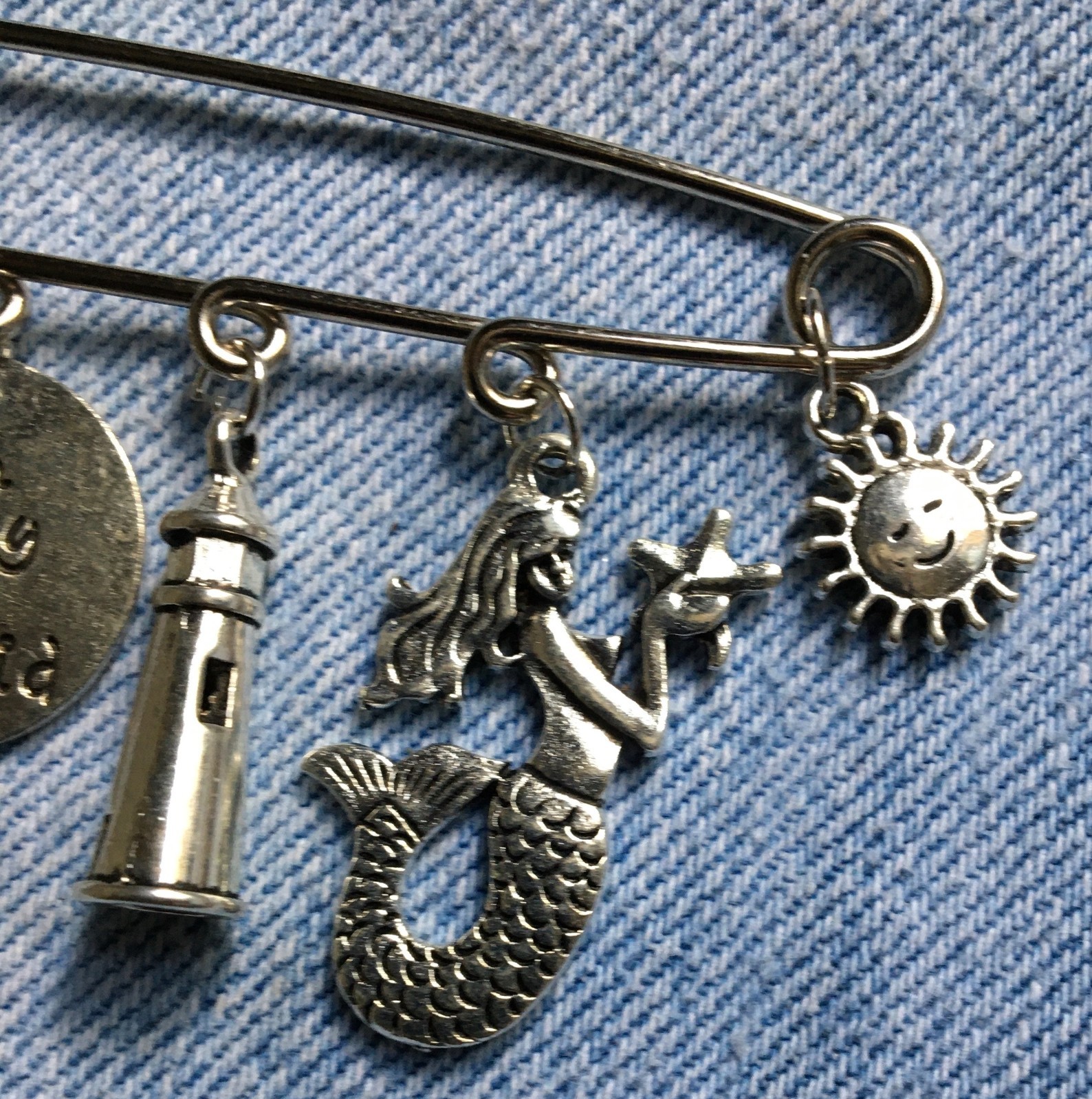 3″ BIG SAFETY PIN w/ BEACH THEME CHARMS – Hanging Lighthouse Mermaid ++
