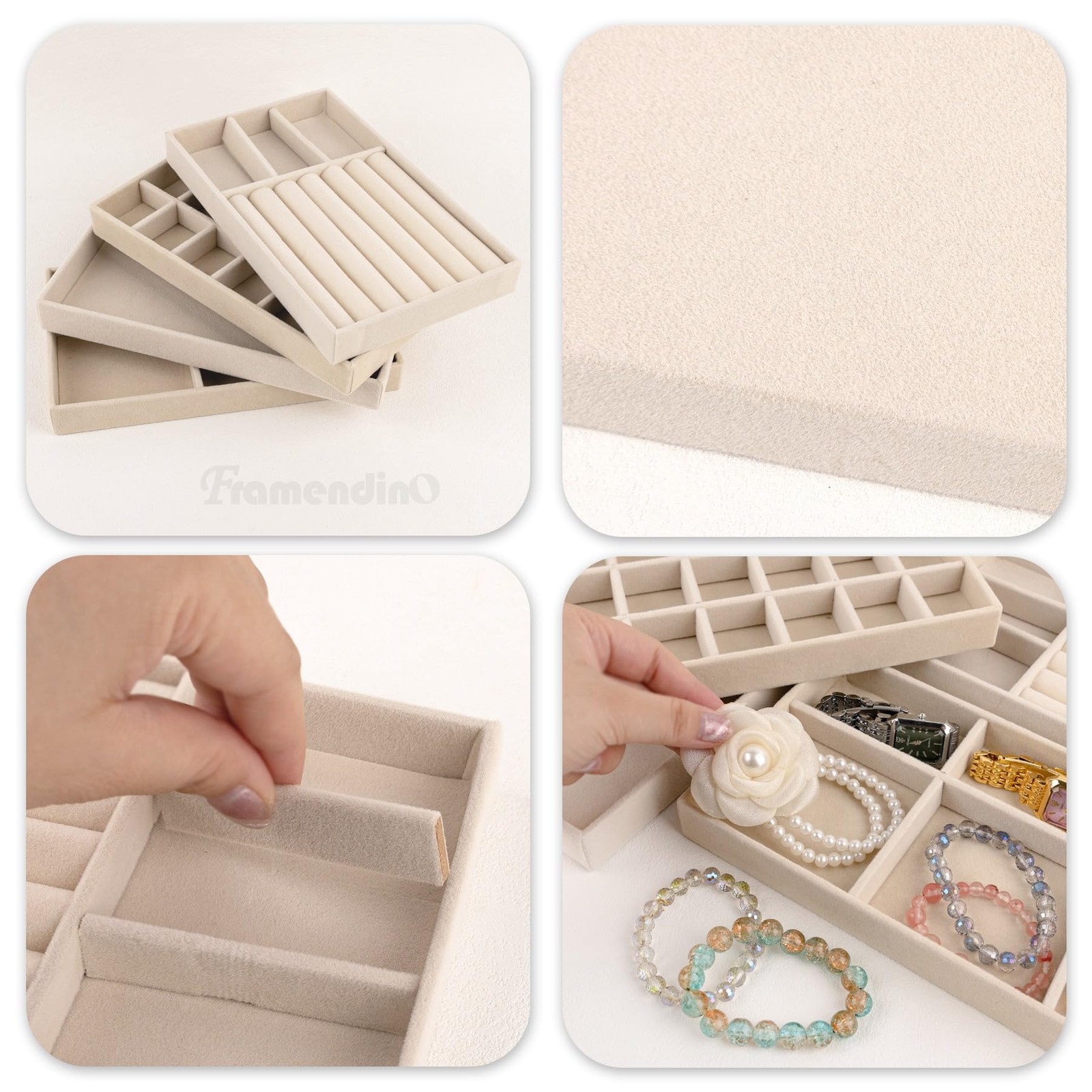 Framendino, 4 Pack Beige Velvet Jewelry Trays Stackable Organizer Drawer Inse…