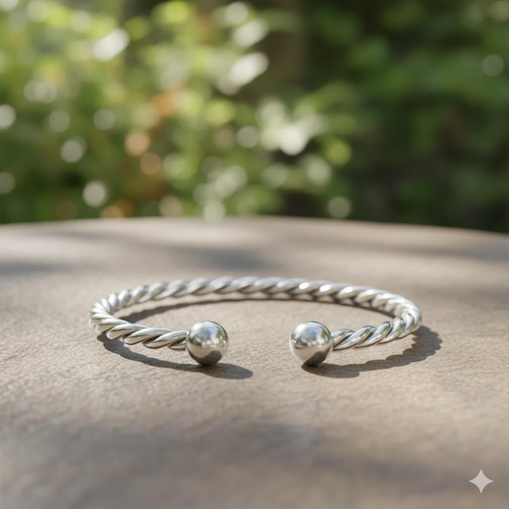 925 Sterling Silver Twisted Rope Ball Cuff Bracelet – Adjustable Engraved Bangle