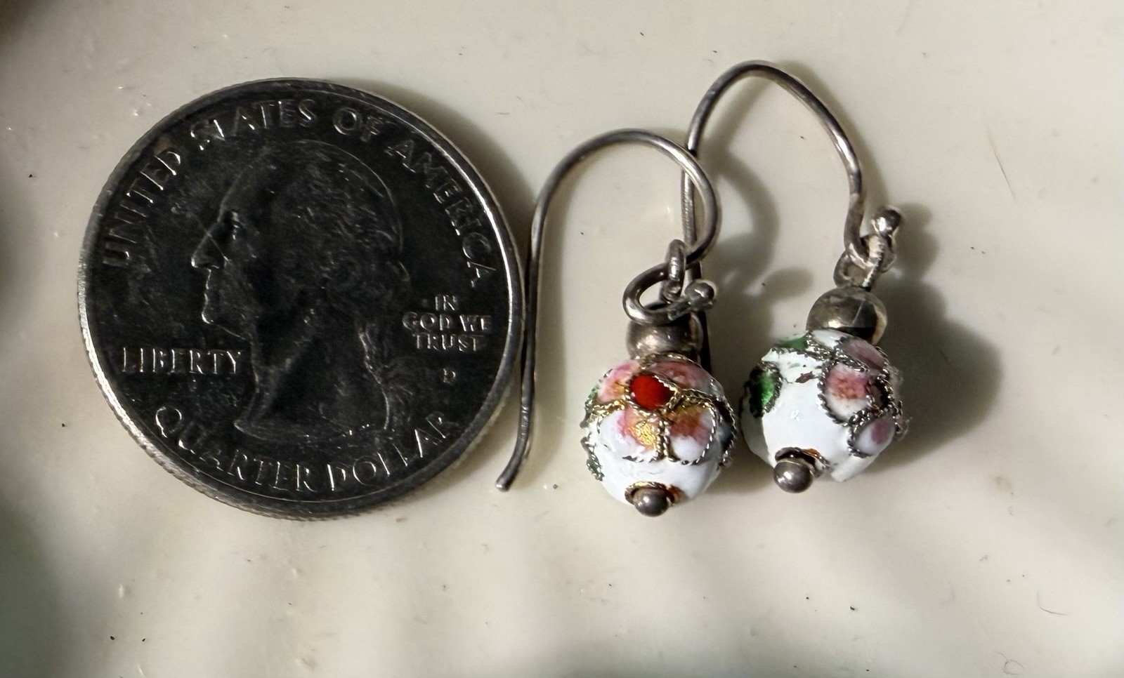 Dainty Vintage Cloisonné Bead Earrings Dangle, Pierced Ears, Classic Jewelry