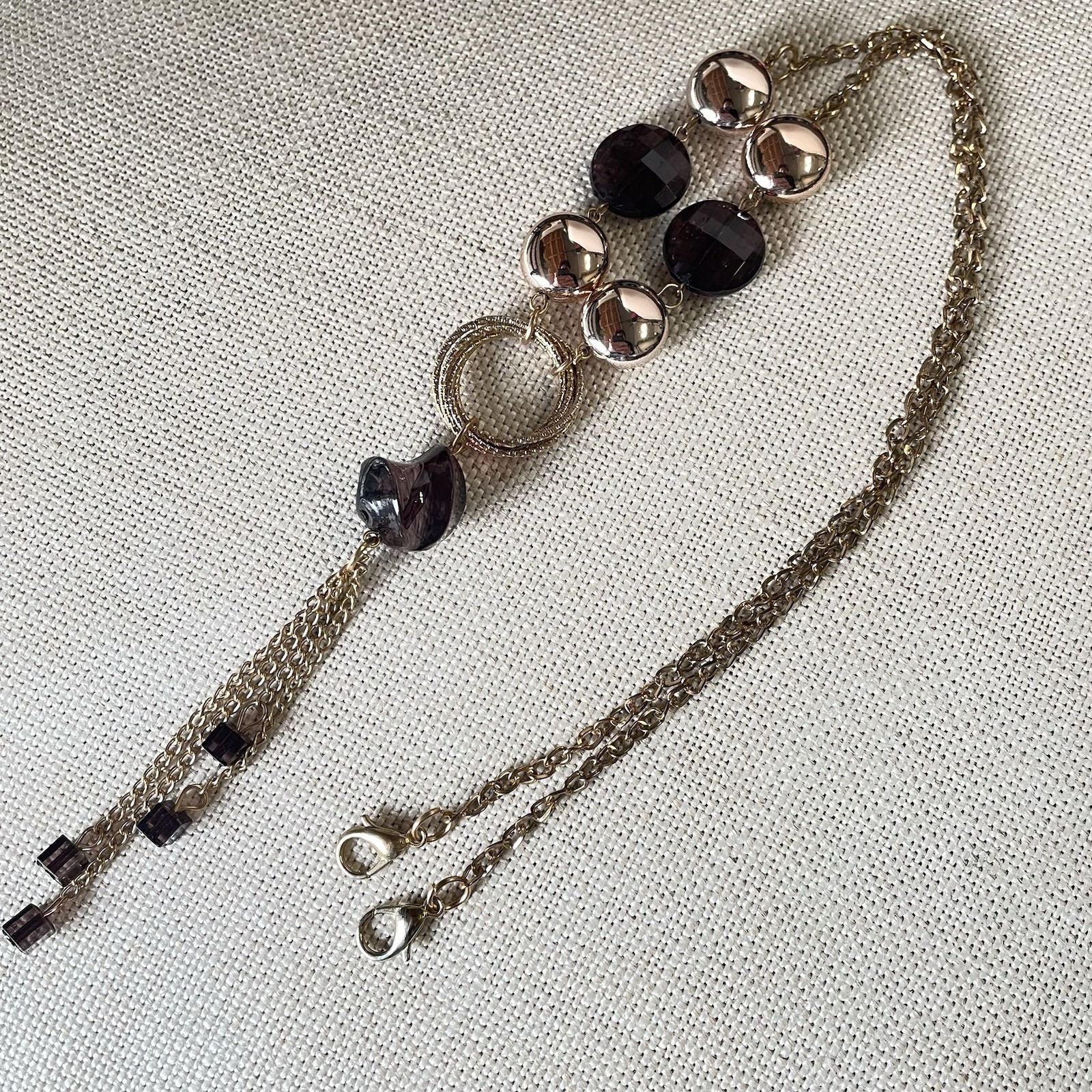 Chunky Boho Statement Necklace Rose Gold Copper Tone Purple Faceted Bead Tassel