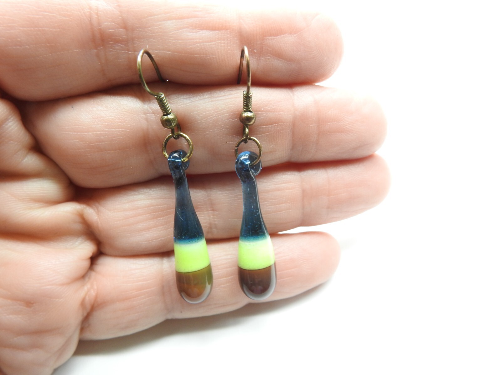 Brown Green Blue Striped Hand Blown Glass Bead Dangle Pierced Earrings Vintage