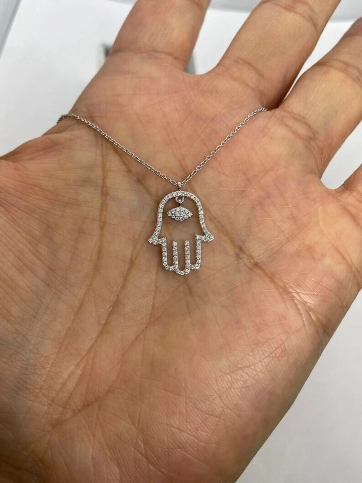 1.20Ct Round Cut Real Moissnite Hamsa Hand Pendant 14K White Gold Plated