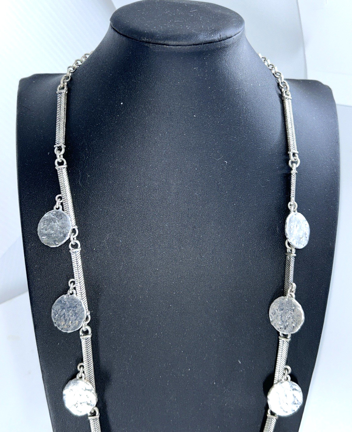 Long Boho Gypsy Style Silver Tone Coin Like Disk Necklace 17″ On 34″ Long