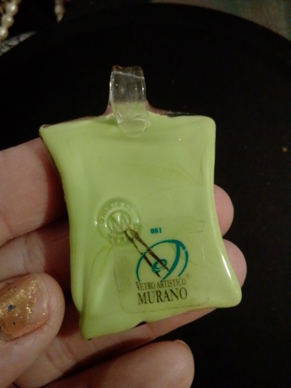 Vtg Vetro Artistico Murano Marked Rectangle Italian Glass Pendant Green Gold Blk