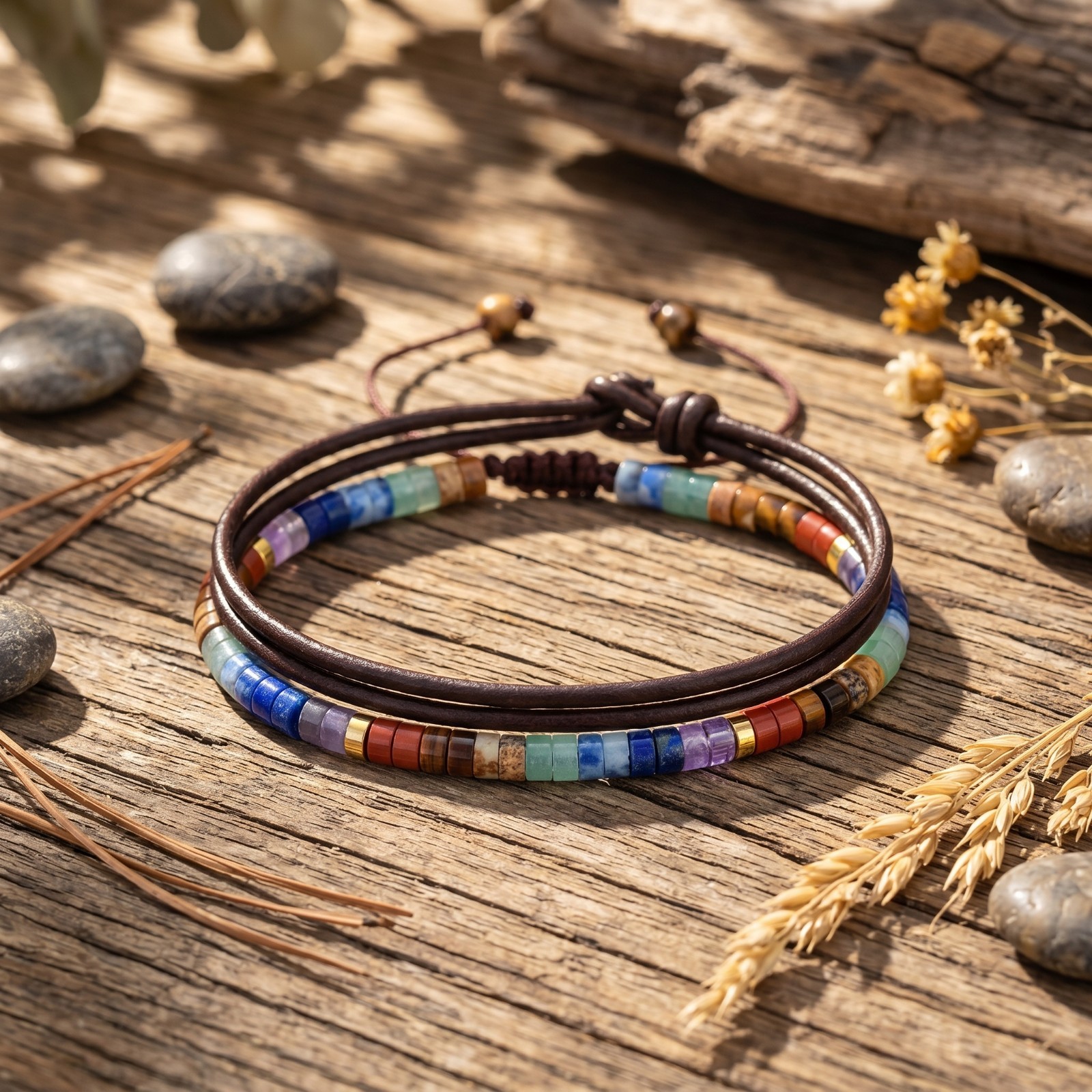 Natural 7 Chakra Bracelet Adjustable Macrame Healing Balancing Grounding Jewelry