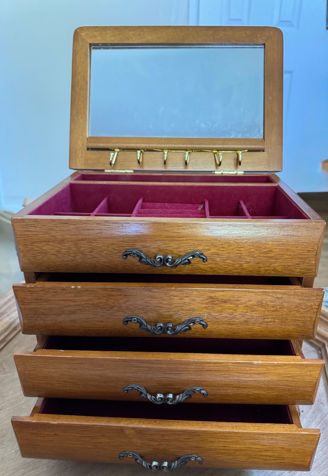 Vintage MELE Wood Jewelry Box 4-Drawer Chest Mirror Lid Ring Rolls Necklace Hook