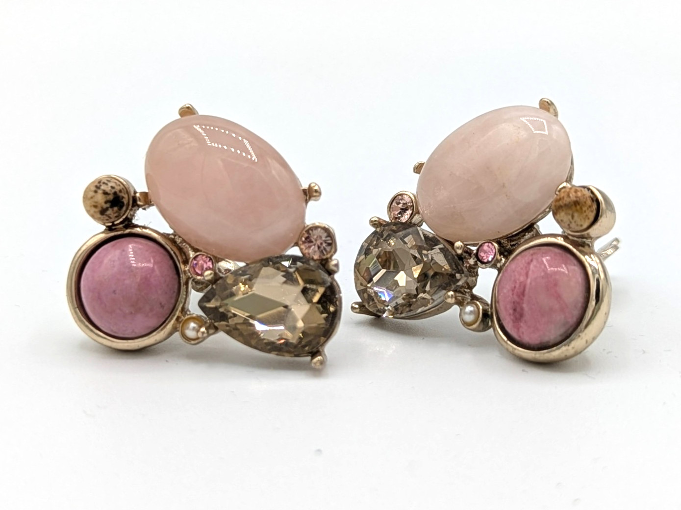 Vintage Pink Rose Quartz Clip On Earrings Smoky Rhinestone teardrop Chicos