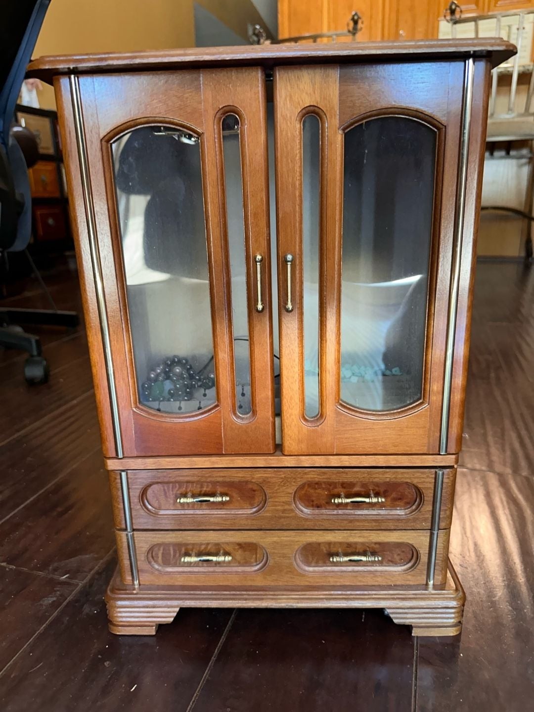 Vintage Wooden Jewelry Armoire with Glass Double Doors and Two Drawers