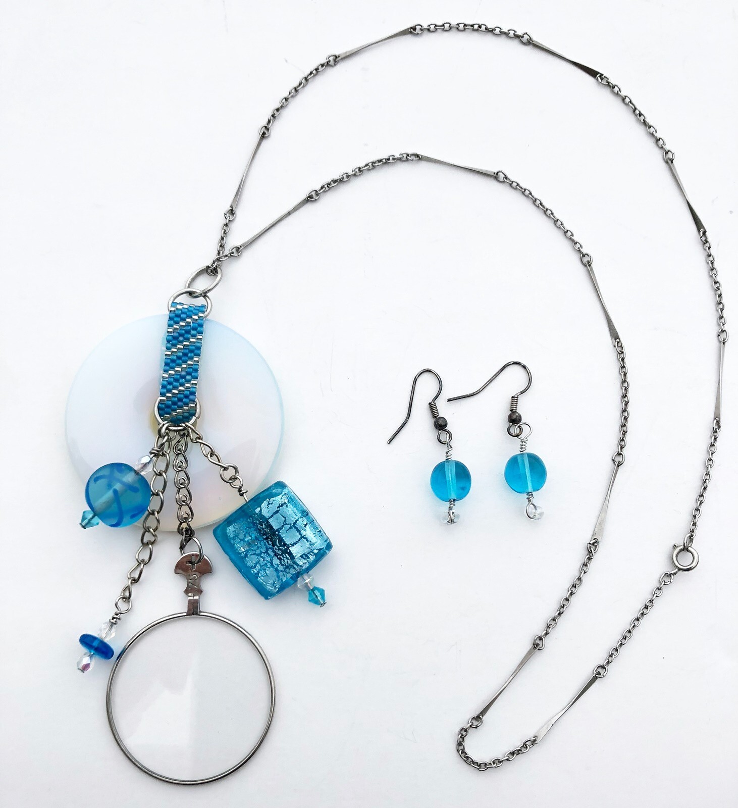 Necklace Pendant and Earrings Beads Optometrist Glass Teal Blue White Mix 22″