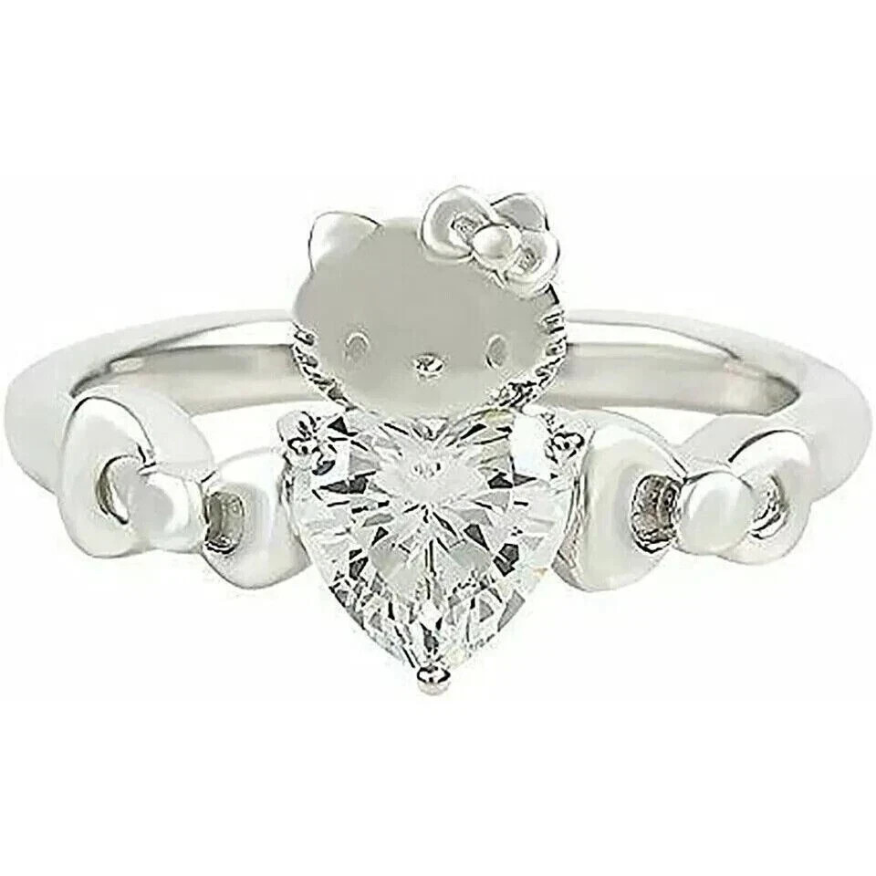 2 CT Heart Simulated Women Hello Kitty Engagement Ring White Gold Plated