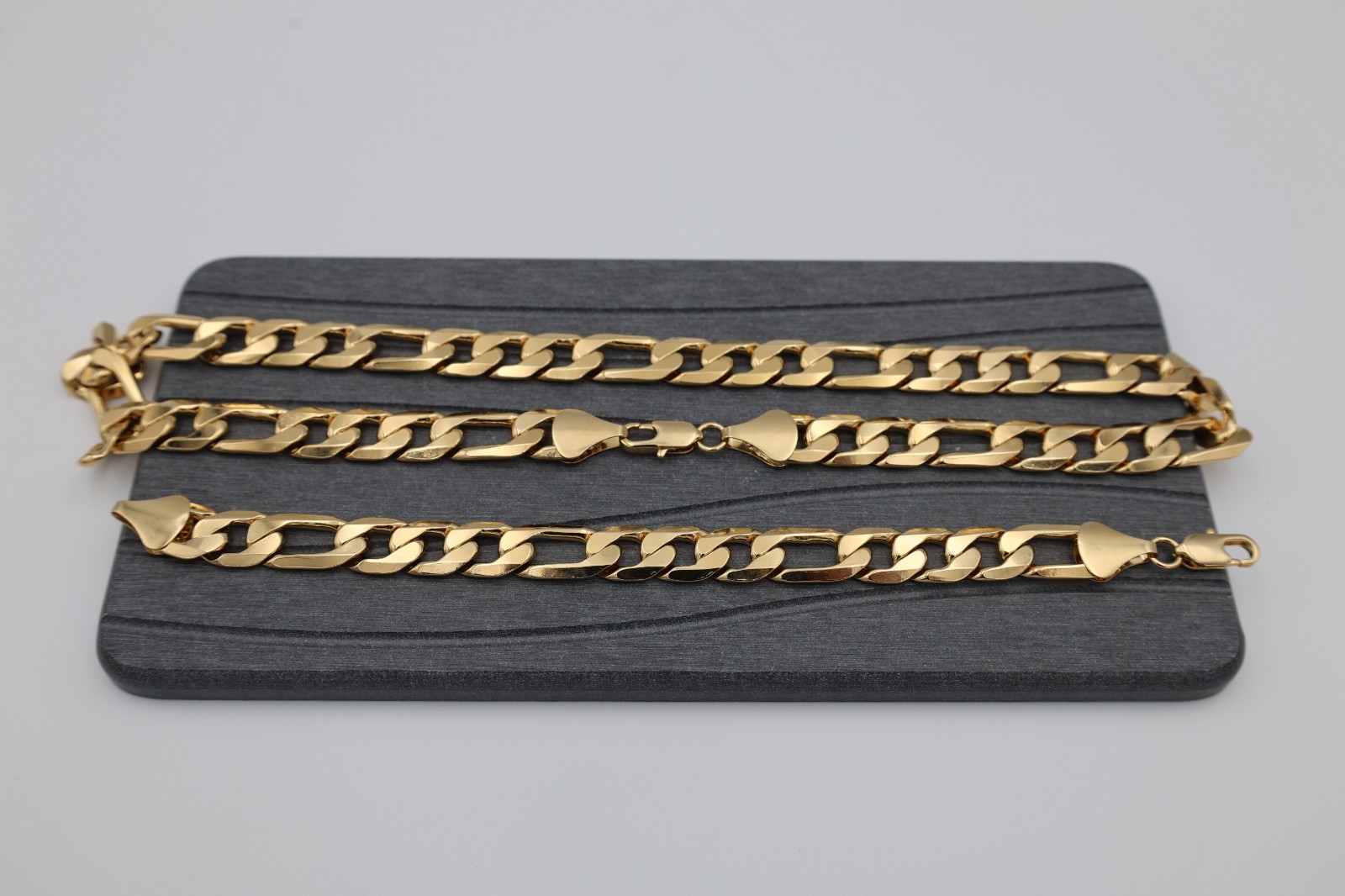 Large 12mm Flat Figaro Chain Necklace: 14k Heavy Gold Plated, 12mm Bracelet Set