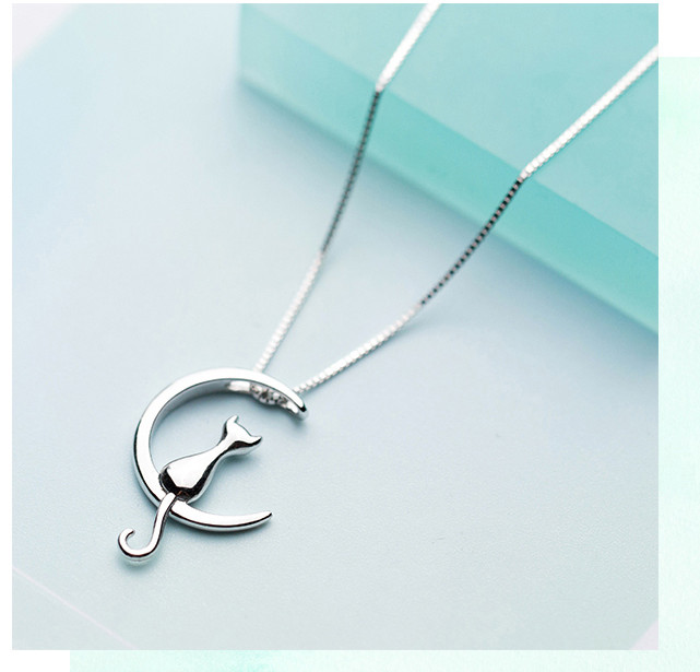 925 Sterling Silver Crescent Moon Cat Love Pendant Necklace 18″ Chain Gift B59