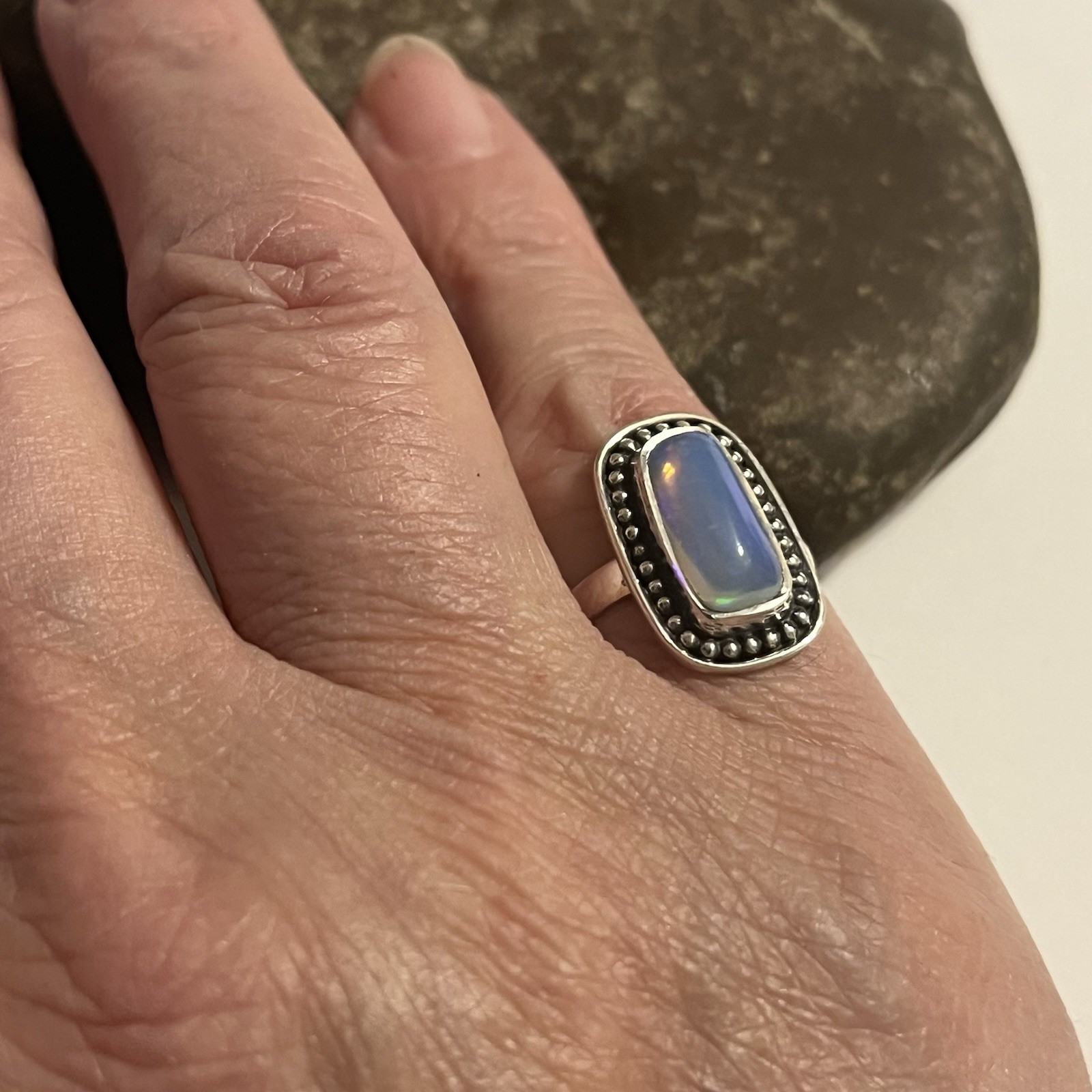 Beautiful Ethiopian Opal 925 Sterling Silver Ring Rectangular Cabochon US Size 6