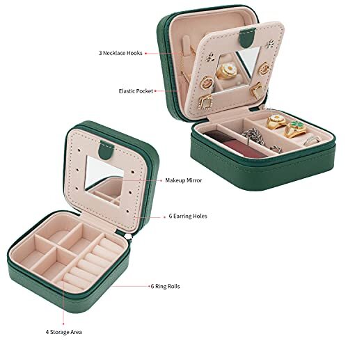 Travel Jewelry Case and Organizer with Mirror – Gift for Women and Girls Green