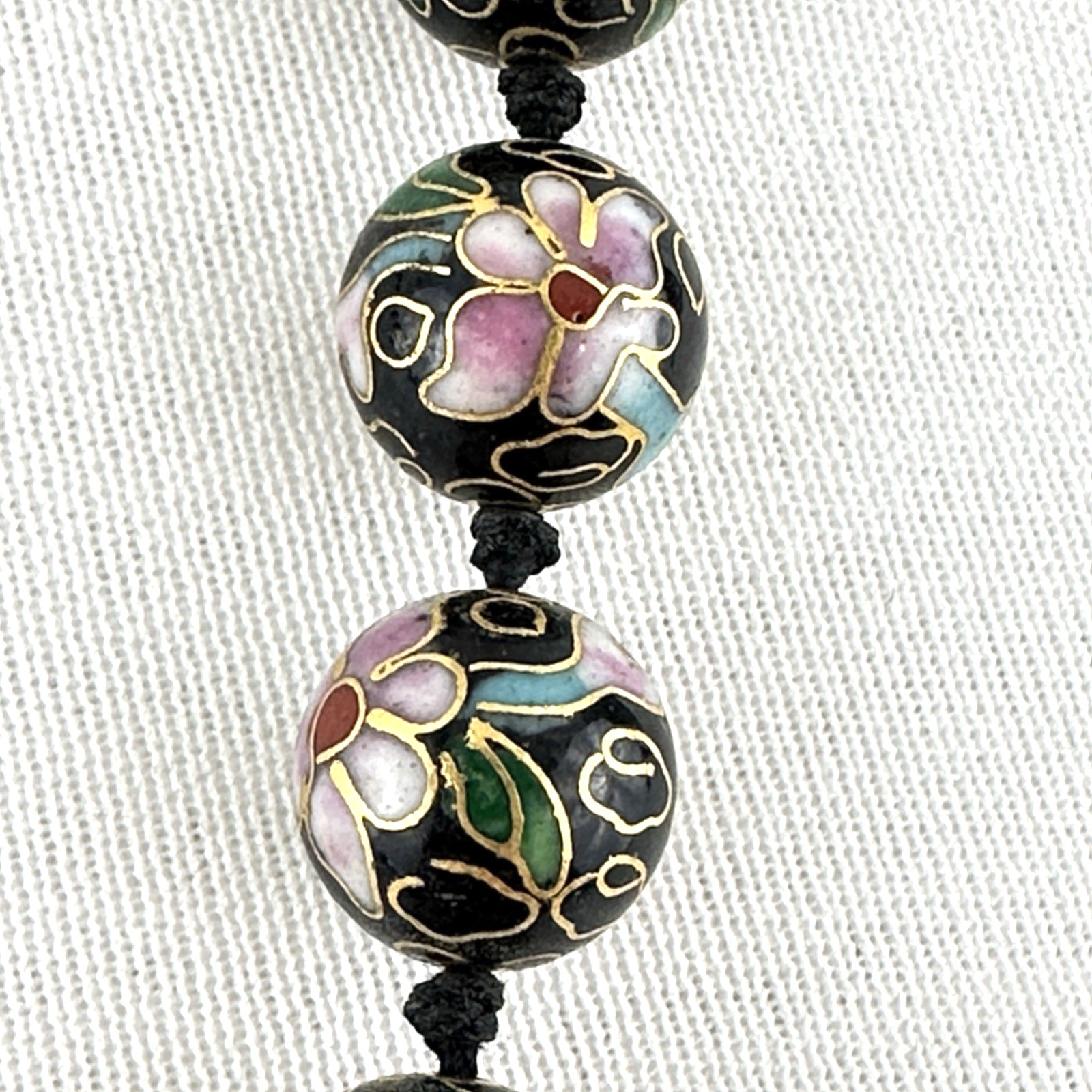 CLOISONNÉ vintage necklace – black & pink enamel floral beads 30″ Chinese export