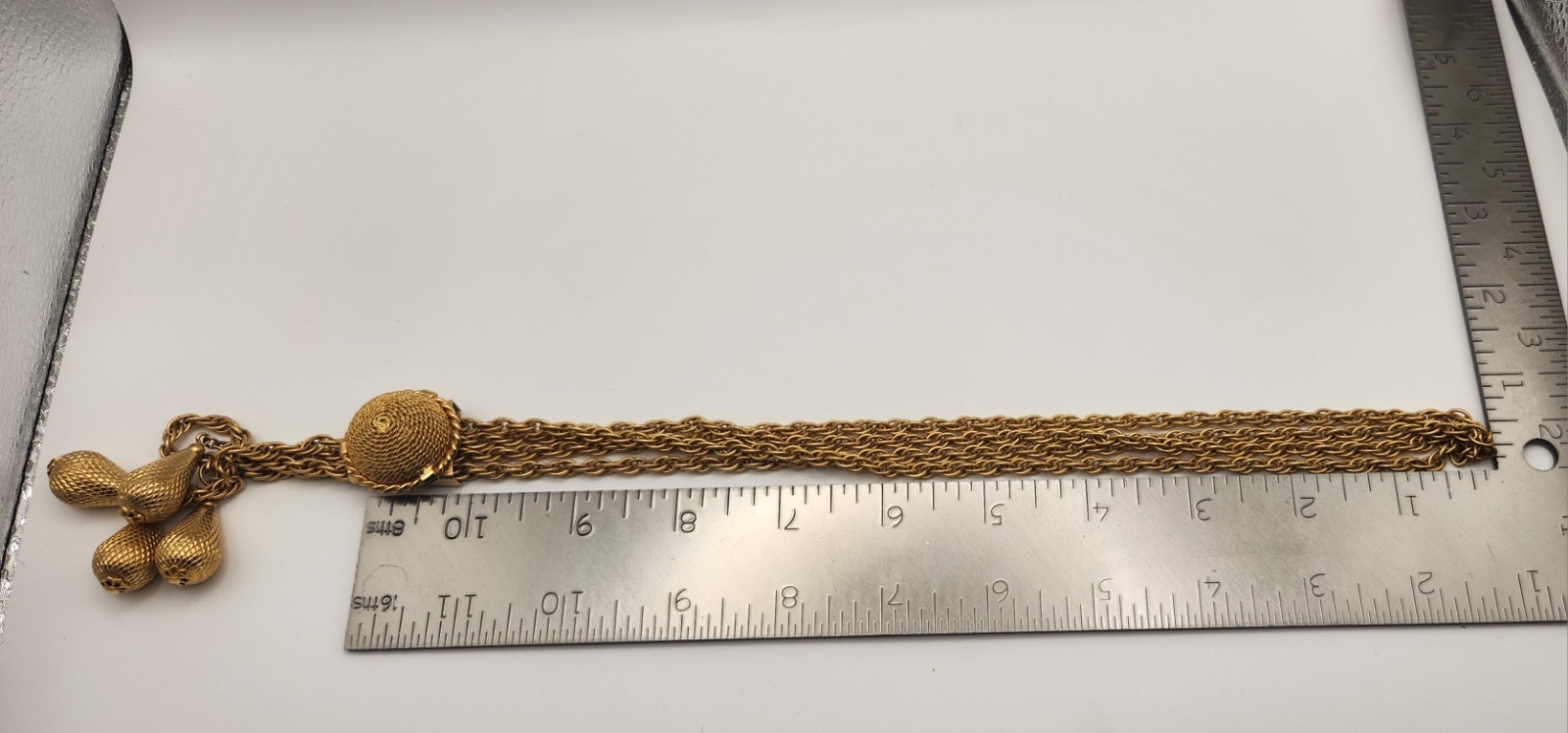 Vintage Gold Tone Lariat Necklace Adjustable Slider Bead Tassel Drop Statement