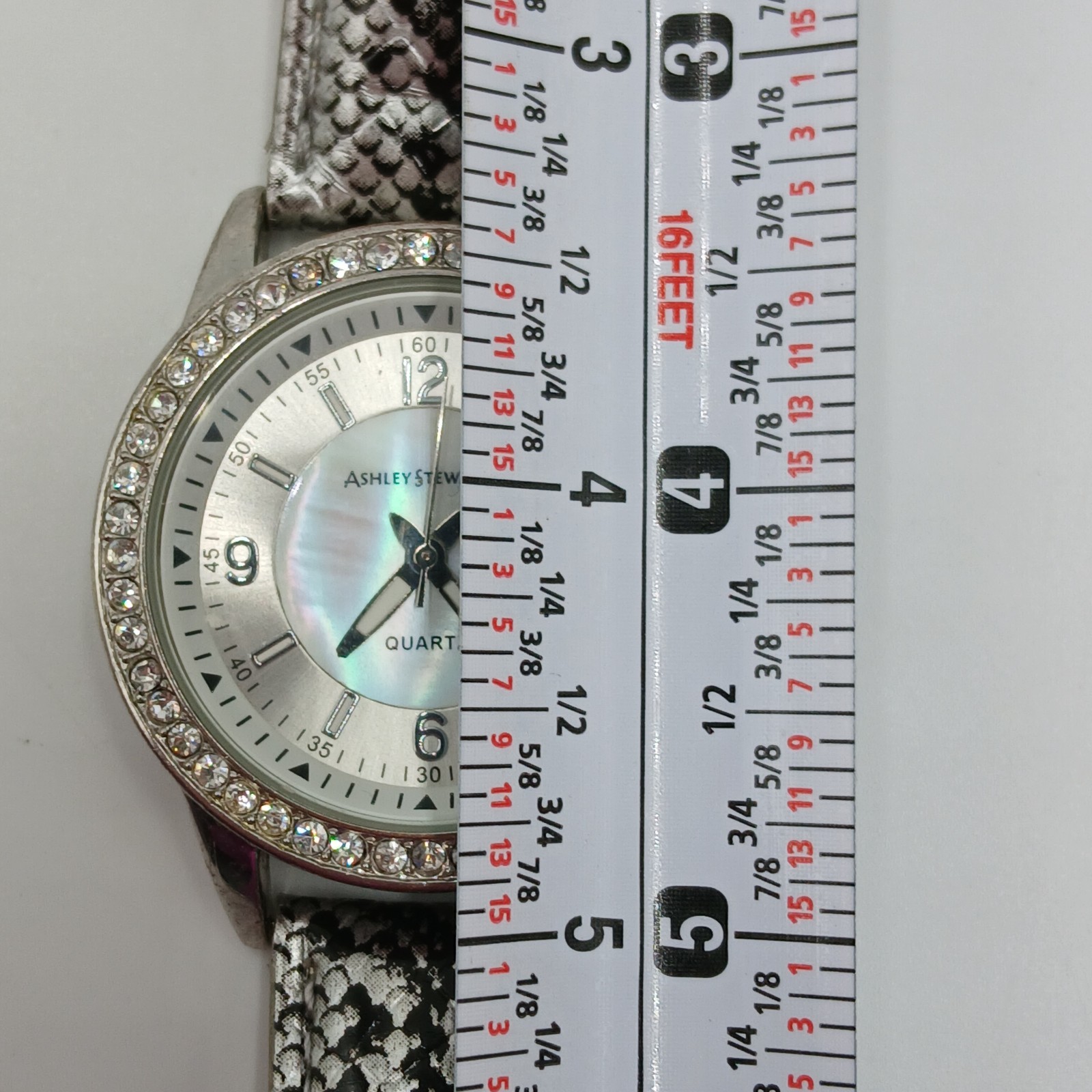 Ashley Stewart Watch Mother of Pearl Silver Tone Crystal Bezel Seconds Hand