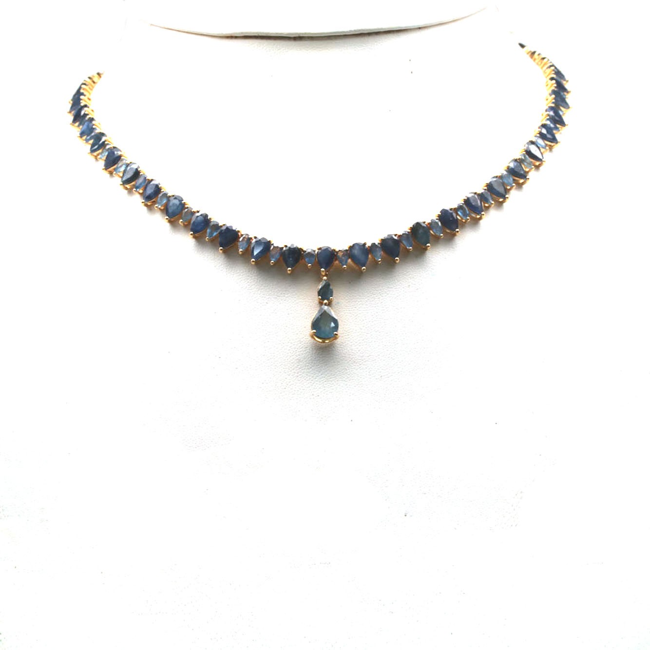 925 Sterling Silver 18K Gold Plated 7 x 9 mm. Blue Sapphire Necklace 17.0 In.
