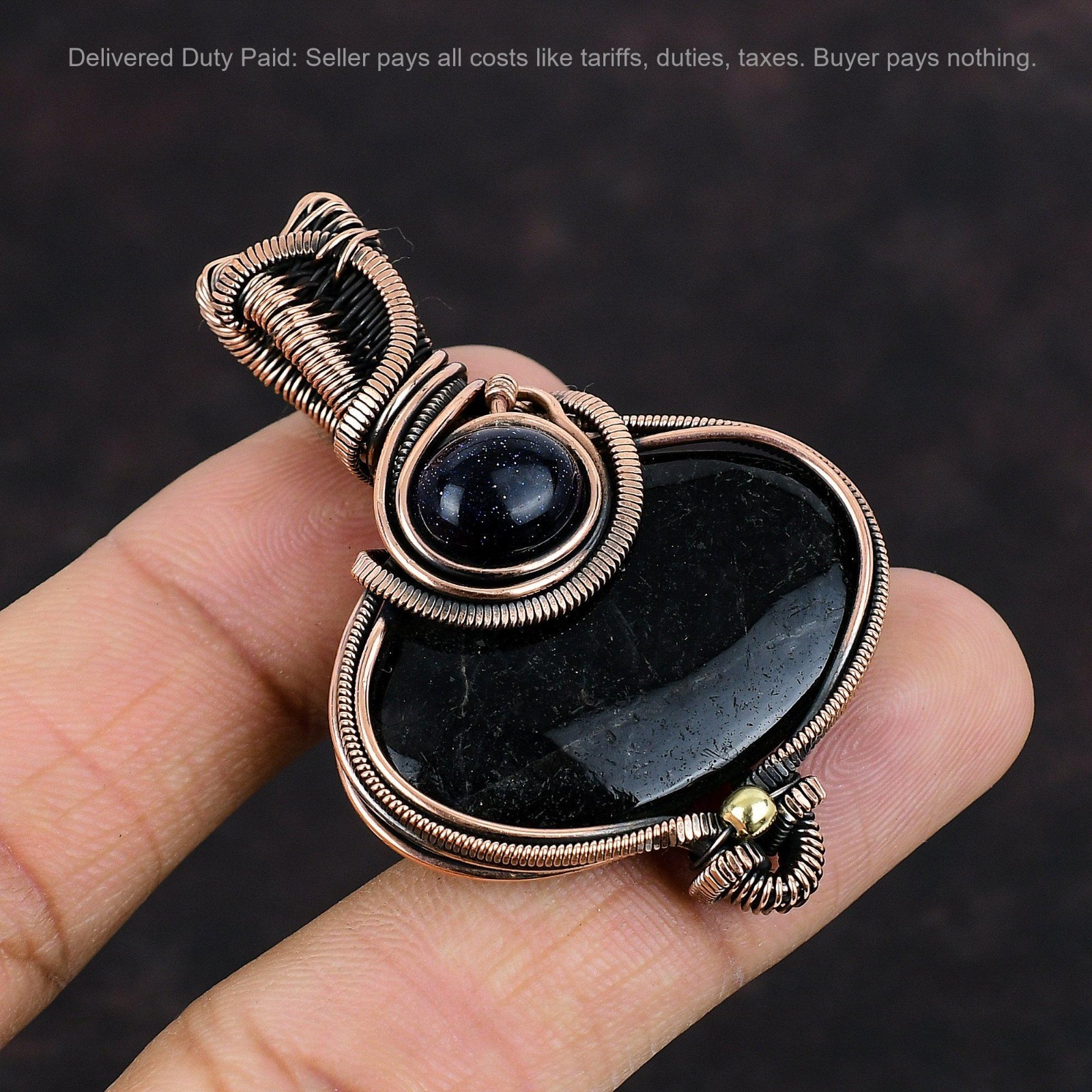 Copper Oval Black Rutile Gemstone Blue Sunstone New Wire Wrapped Pendant Jewelry