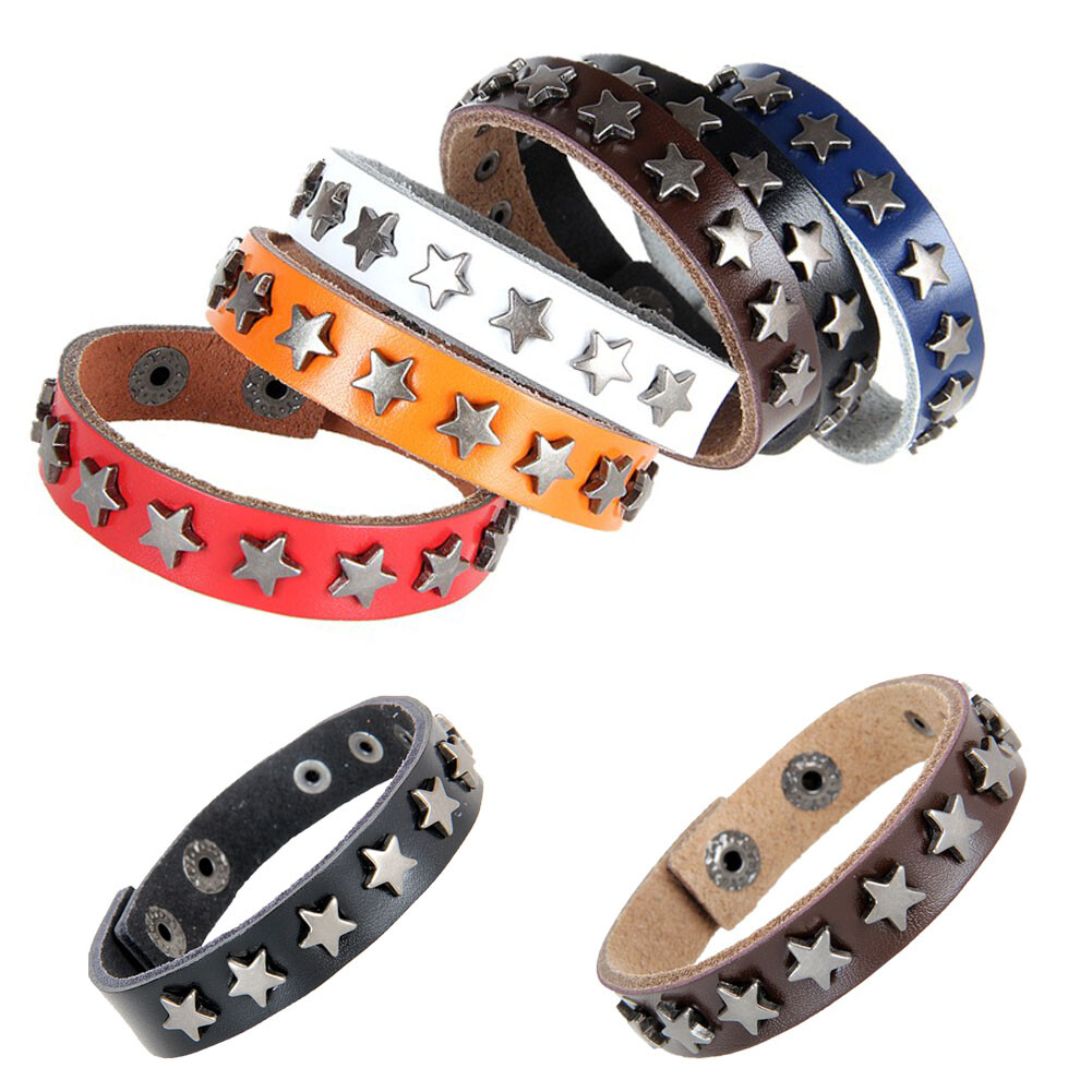 Punk Hip Hop Leather Bracelet Men Star Spikes Rivet Gothic Wide Studded Bracelet