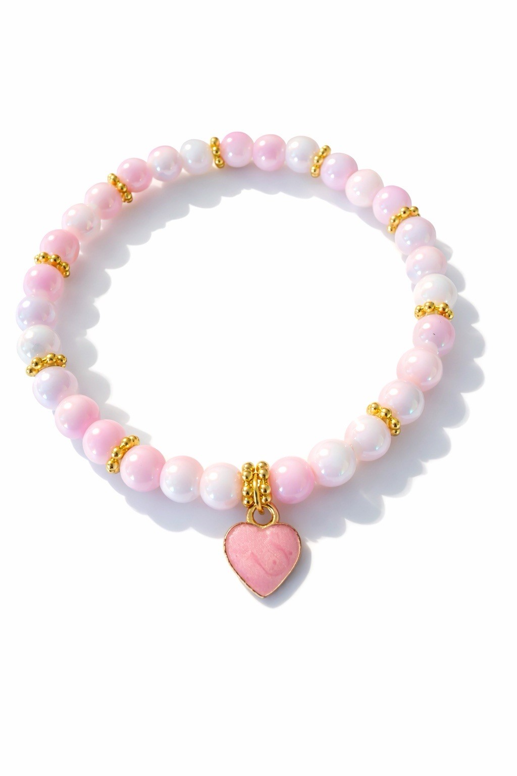 Pink Gold White Beaded Bracelet with Heart Dangle Charm Stackable Love Jewelry
