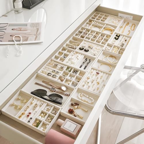 10 Pack Jewelry Organizer Tray Drawer Inserts Stackable Velvet Liner Beige