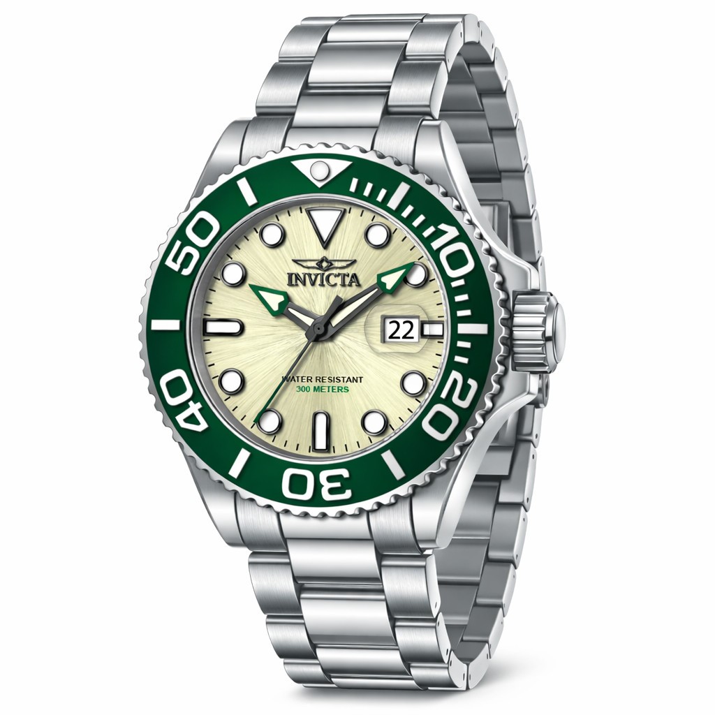 New Invicta 52mm Men’s Grand Diver Quartz Champagne Dial Green Bezel SS Watch