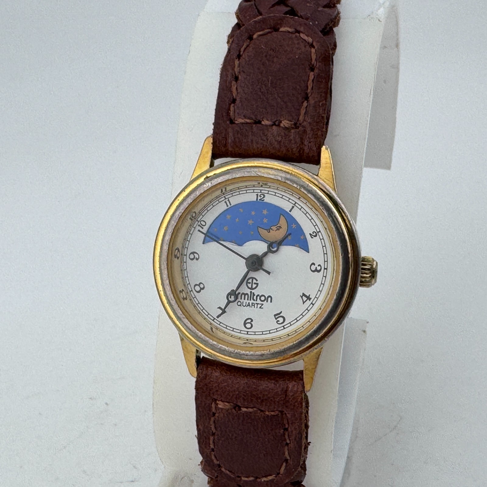 VTG Armitron Quartz Watch Women Moon Phase Gold Tone Leather Analog New Batter