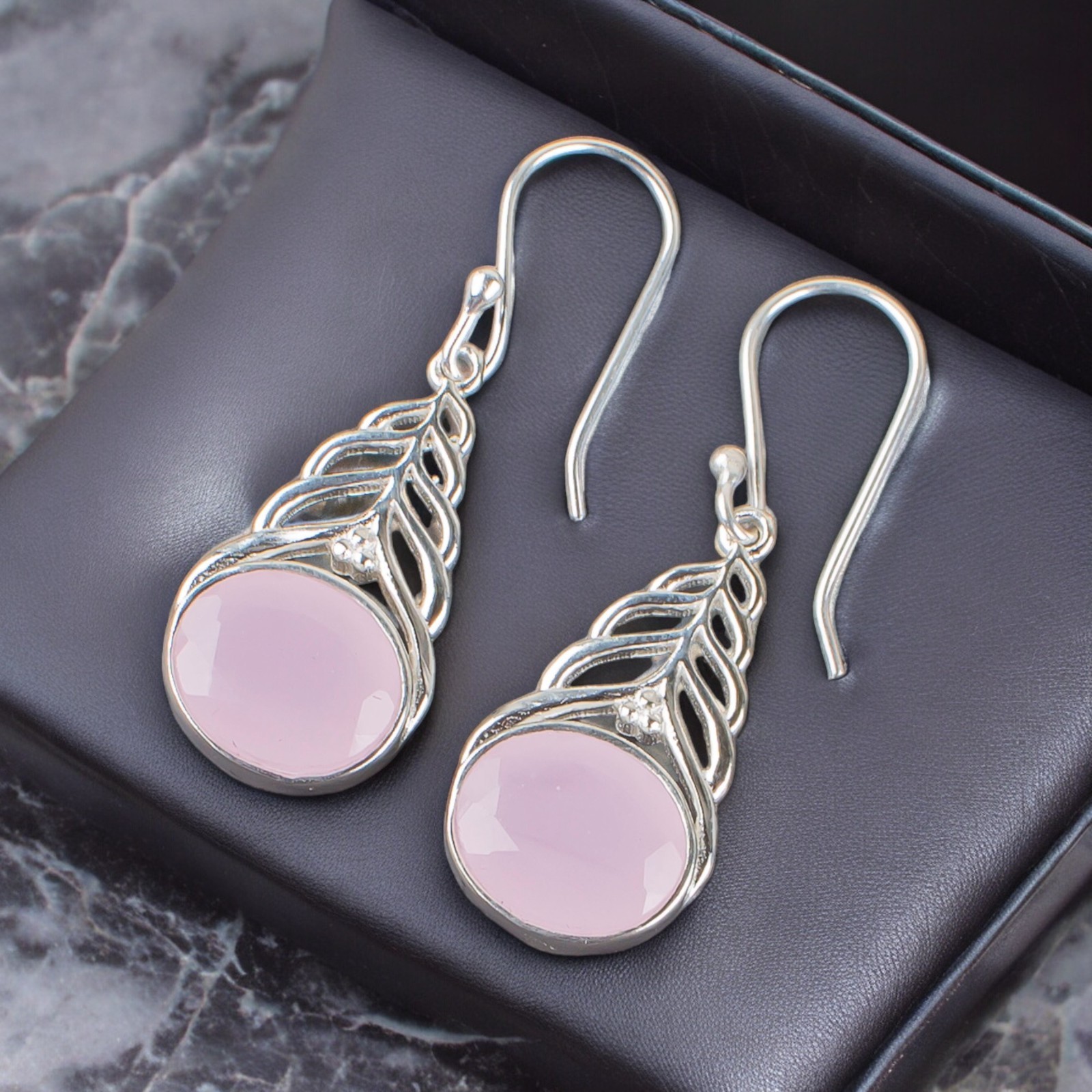 Rose Chalcedony Earrings 925 Silver Handmade Jewelry 1.64″ For Anniversary Gifts