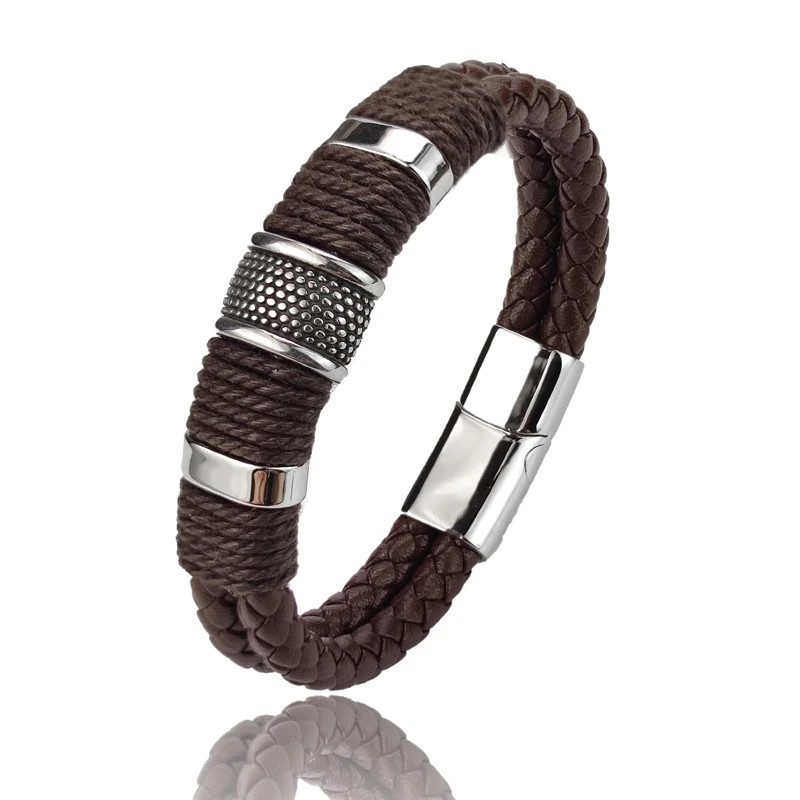 PU Leather Bracelet Multilayer Stainless Steel Bead Charm Men Wrist Jewelry