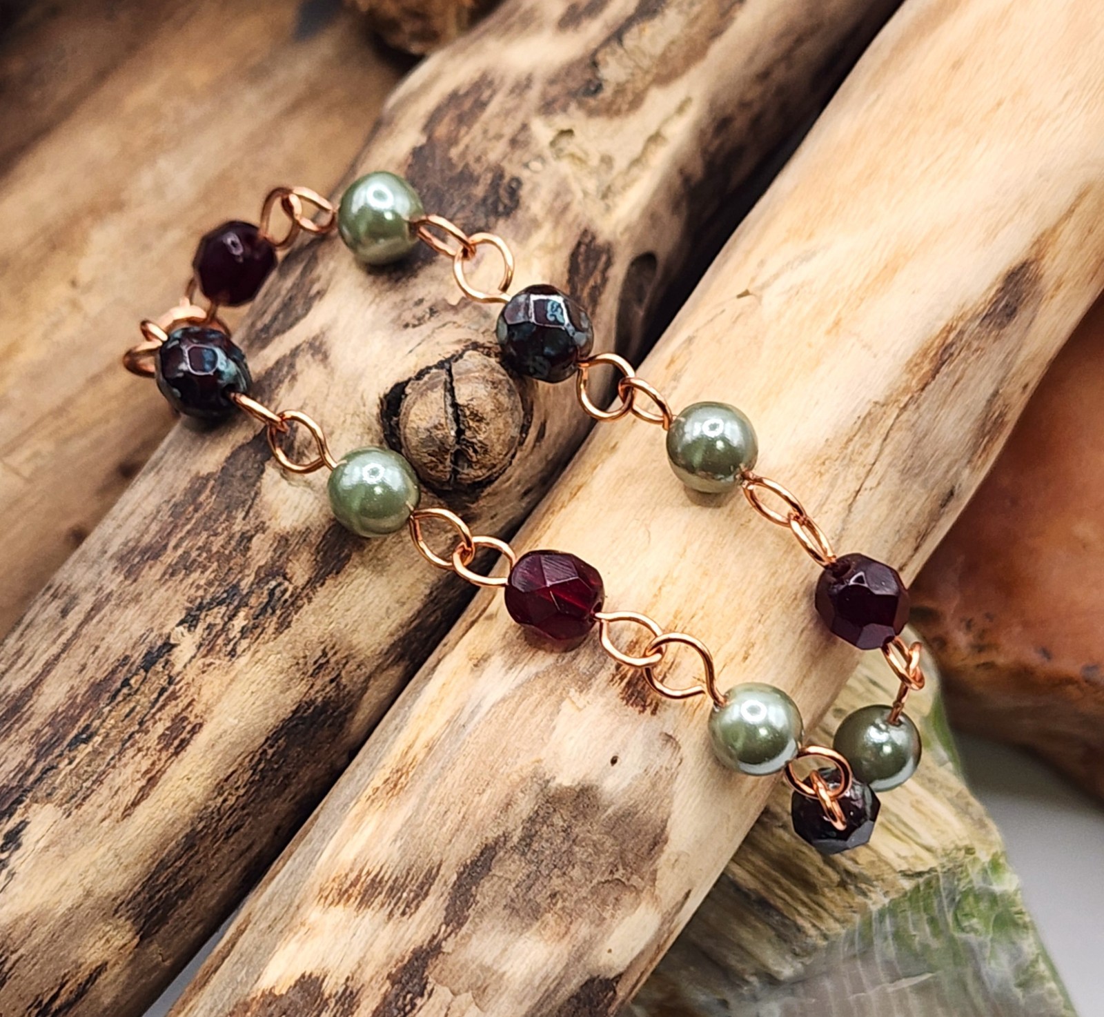 Handcrafted Copper Chain Bracelet with Czech Garnet, Sage Green and Burgundy Red