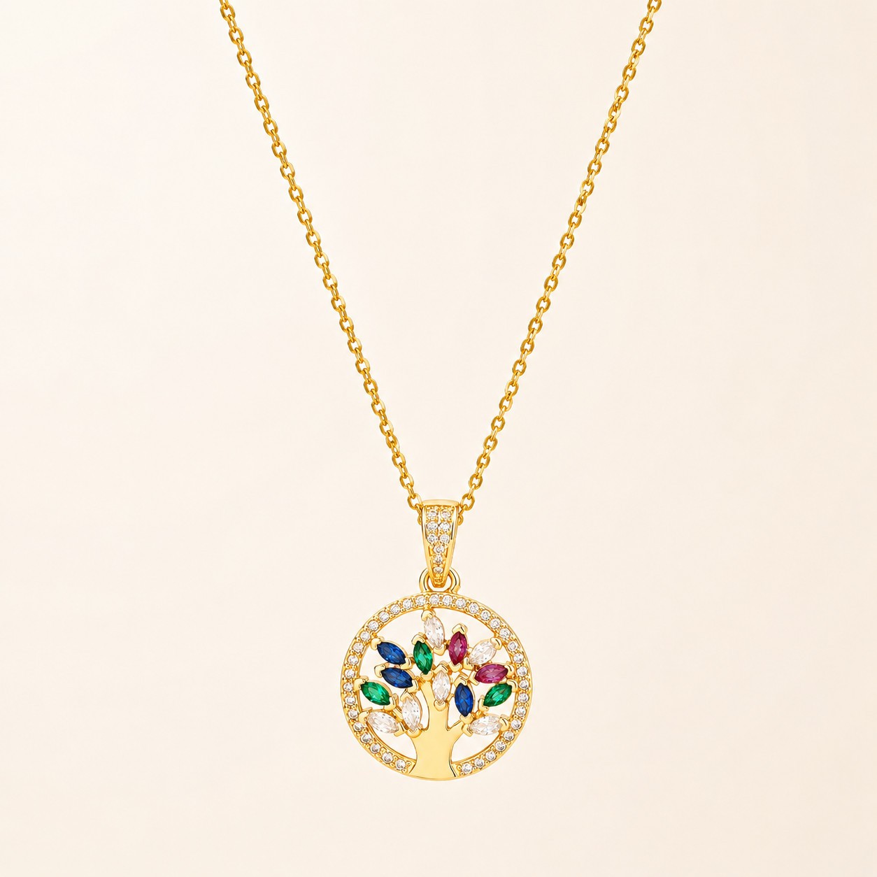 Tree of Life Necklace Women Gold Tone Stainless Steel Pendant Colorful Stones