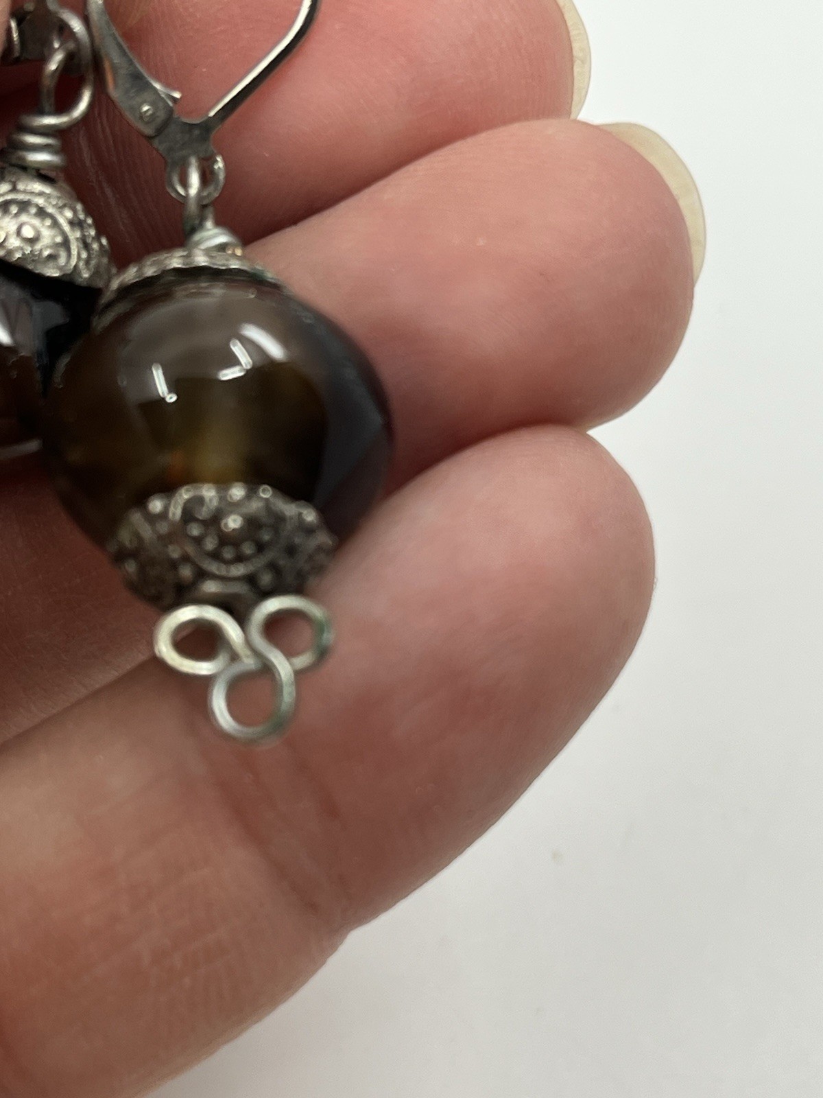 Artisan Silvertone Tiger’s Eye Filigree Earrings Secure Hook 1.25”