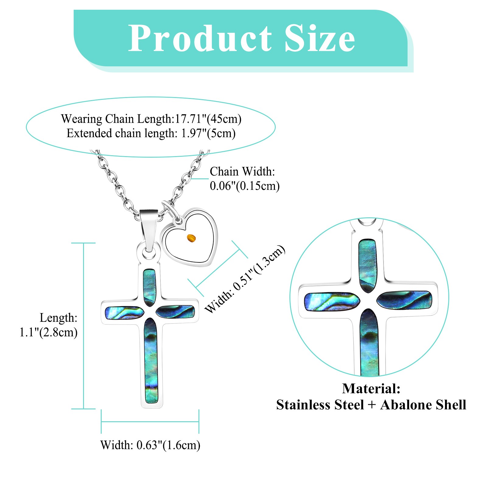 Women’s Girls Christian Mustard Seed Cross Heart Necklace Abalone Shell Pendant