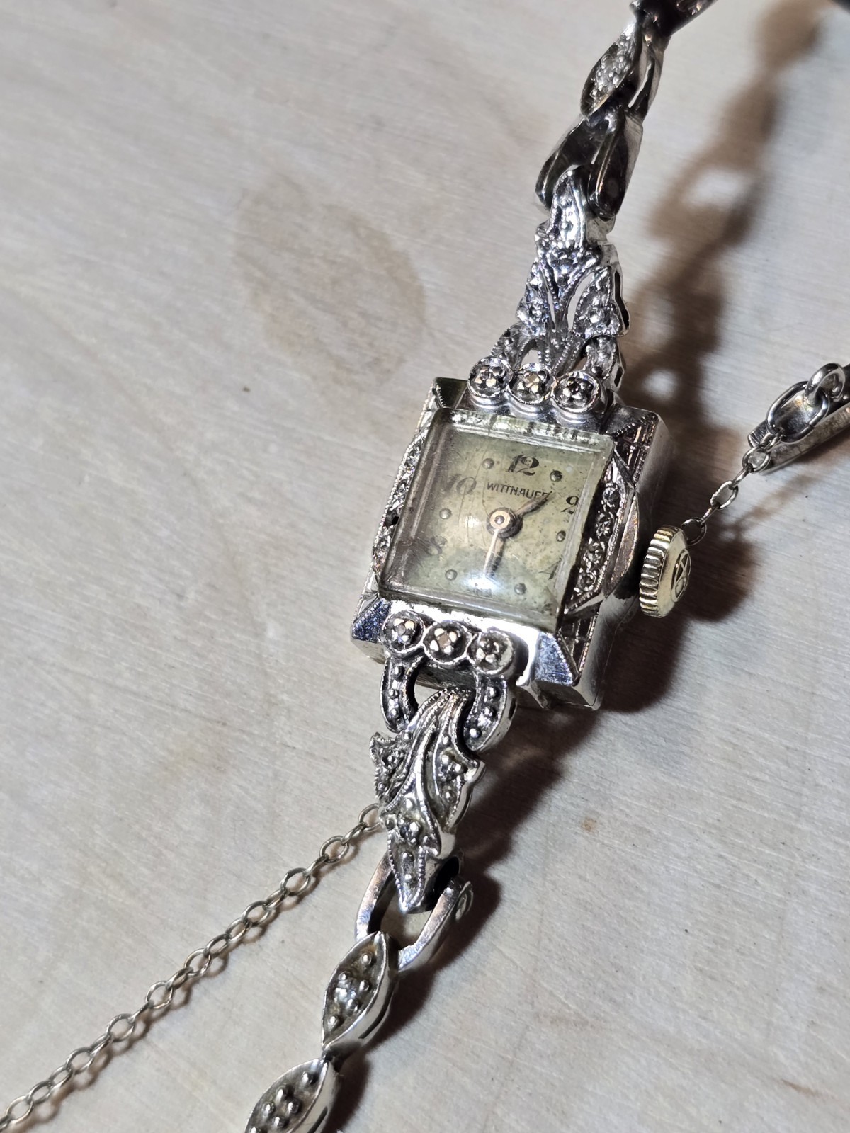 VTG WITTNAUER 14K WHITE GOLD DIAMOND LADIES Cocktail Watch Non-working 15.42g
