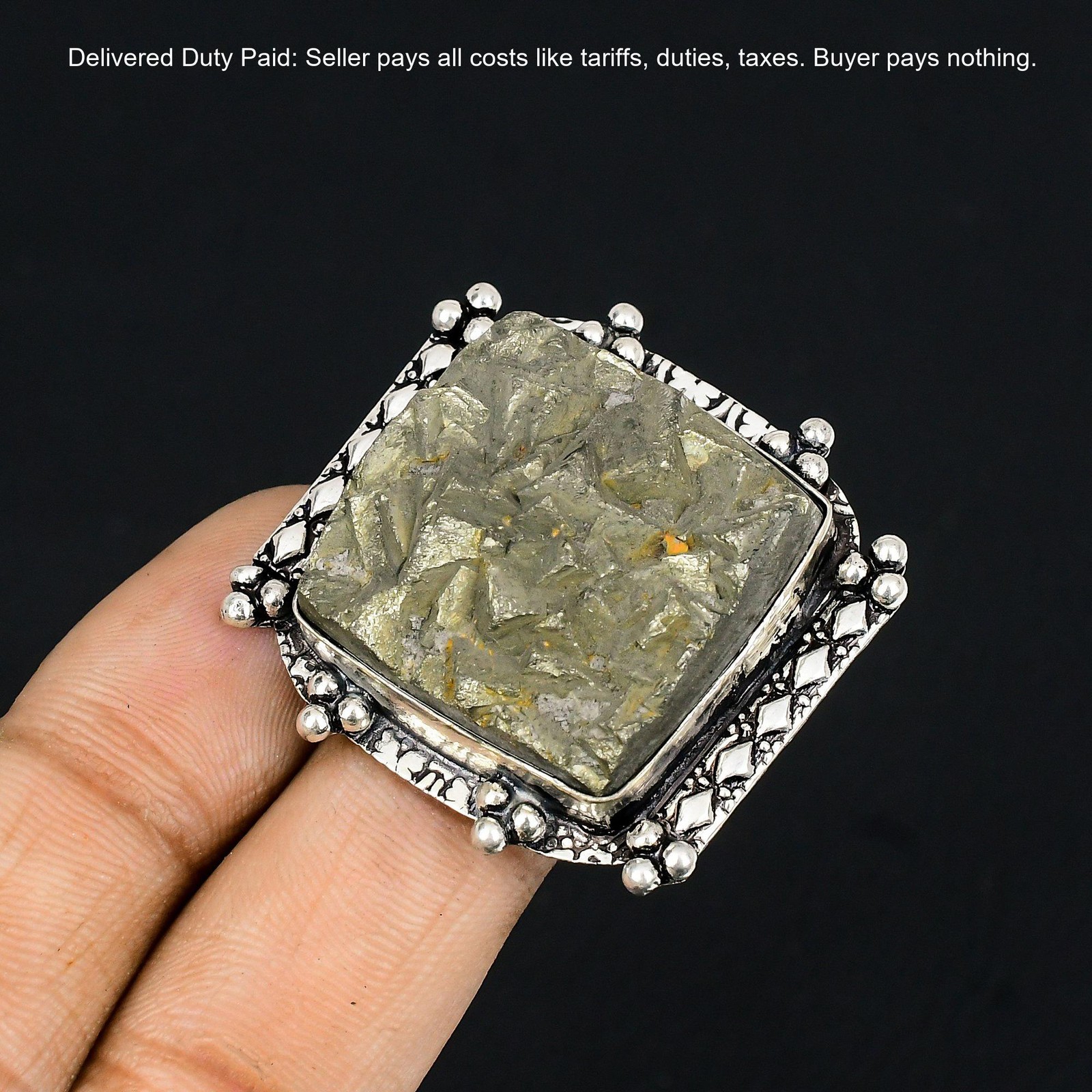 Sterling Silver Pyrite Druzy Gemstone Engagement Solitaire Wedding Ring Size 6.5