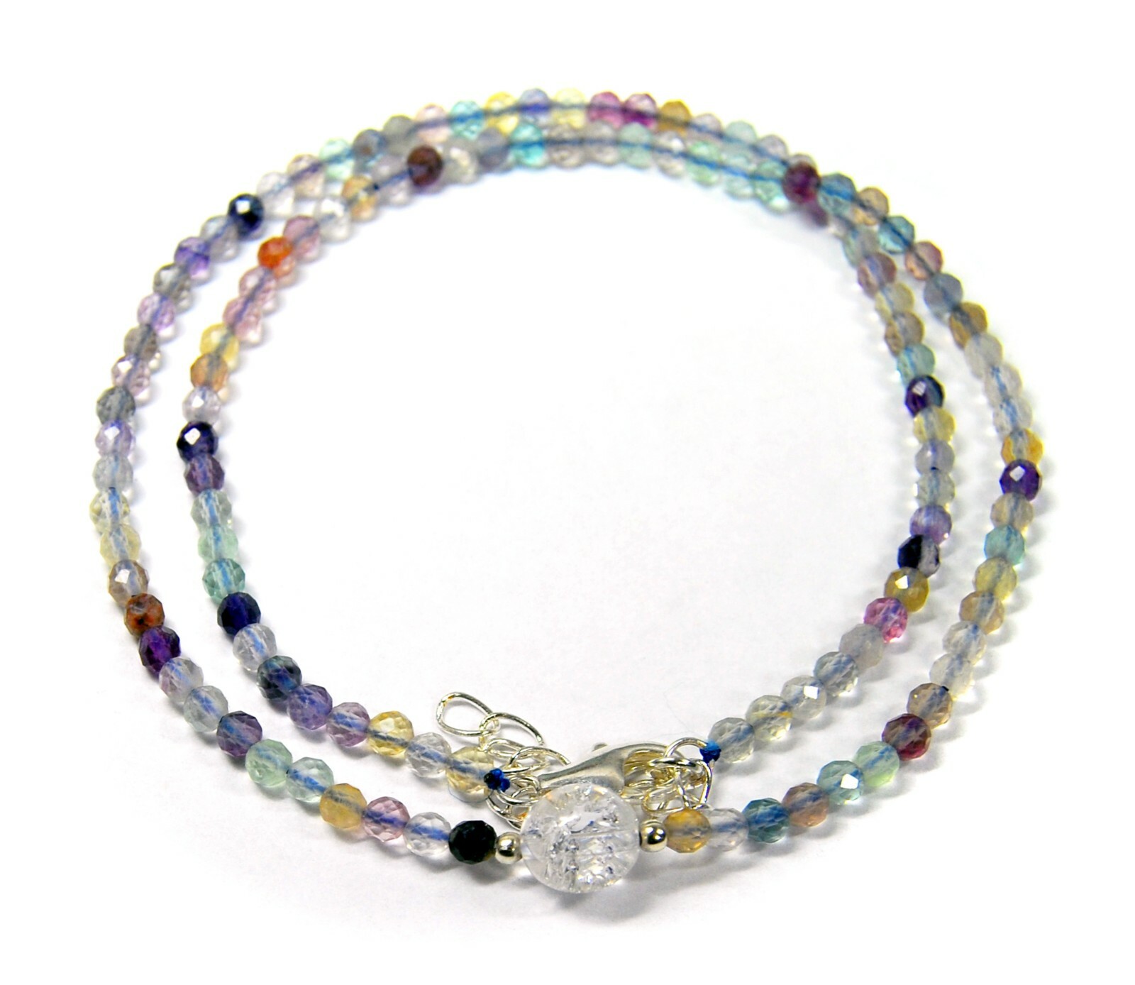 Gemstone Fluorite Necklace 925 Silver Faceted Ø-3mm with Rock Crystal Pearl