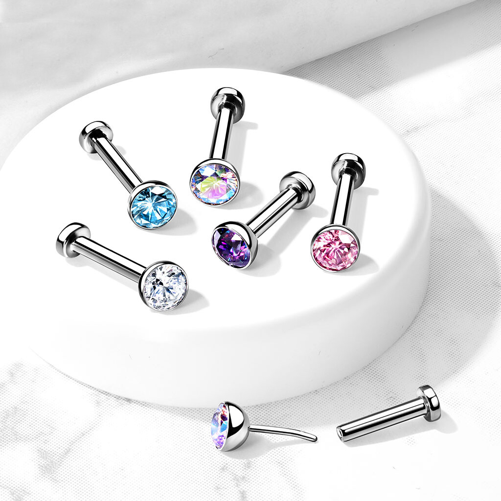 20G 18G Threadless Push in Labret Flat Back Studs Implant Grade Titanium CZ Gems